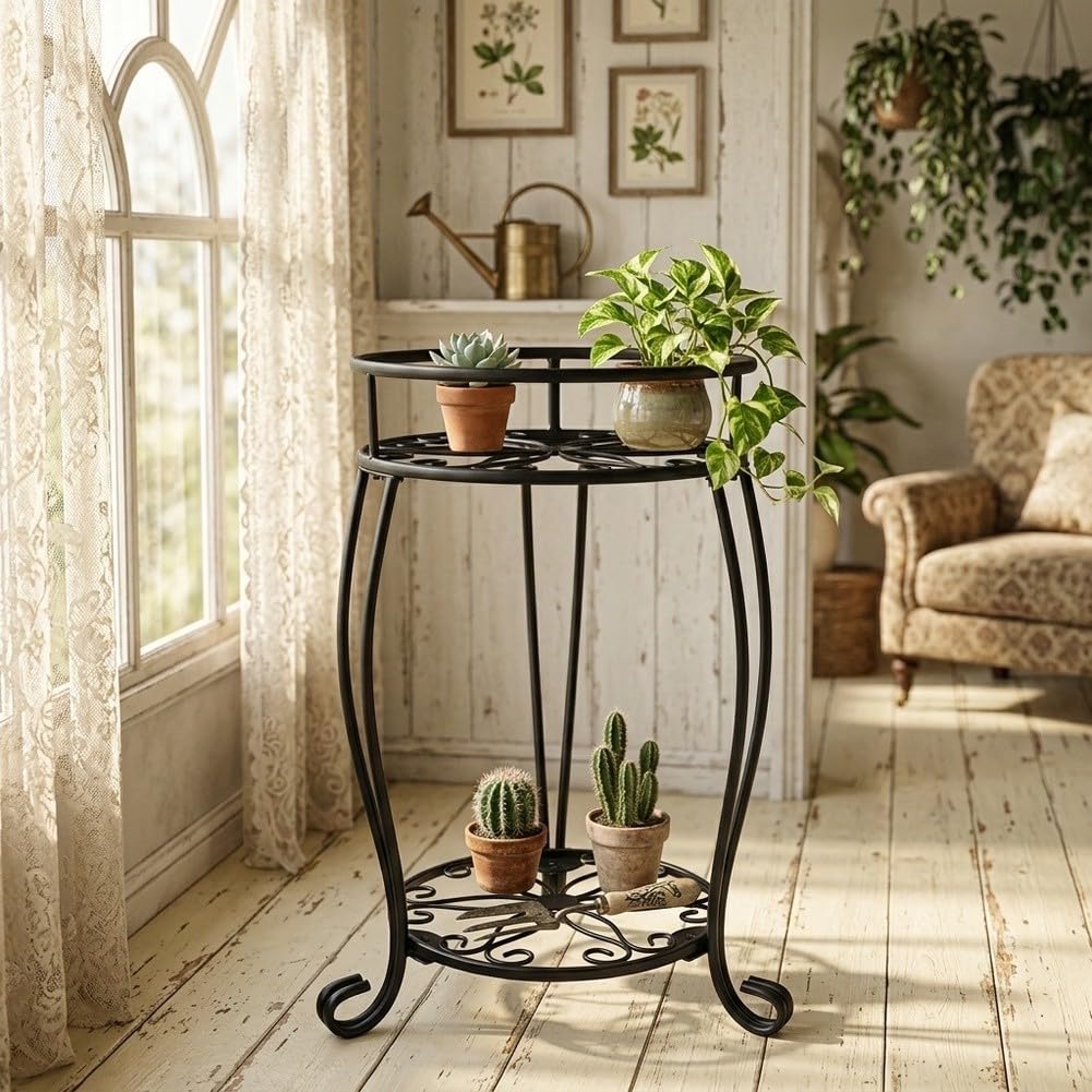 2 Etagen Pflanzenständer Metall Schwarz, Rostfreier | Blumenständer für Wohnzimmer & Balkon, Stabiles Pflanzengestell mit Blumenmuster, Topfhalter für regal für Garten Innen