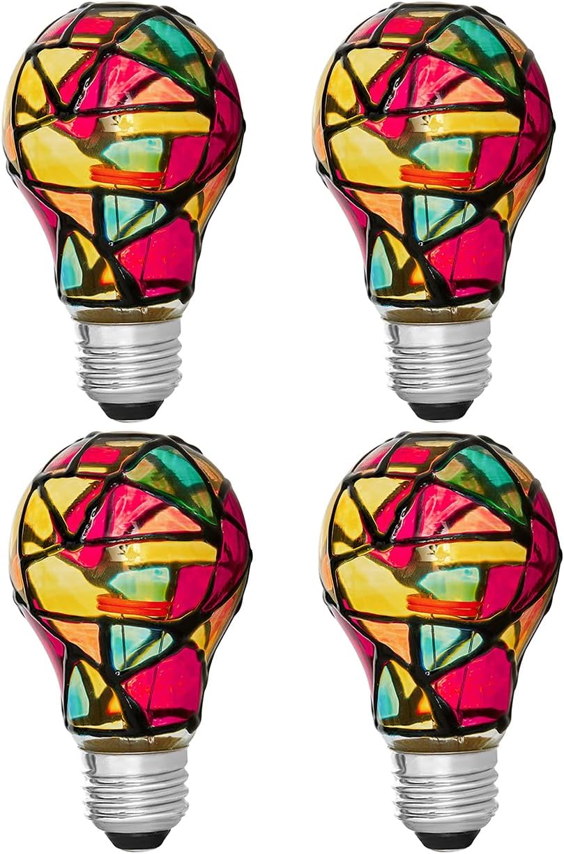 Tiffany 4 Pack Stained Glass Light Bulbs - A19 2W (25W Equivalent) E26 Base Mosaic Night & Party Light
