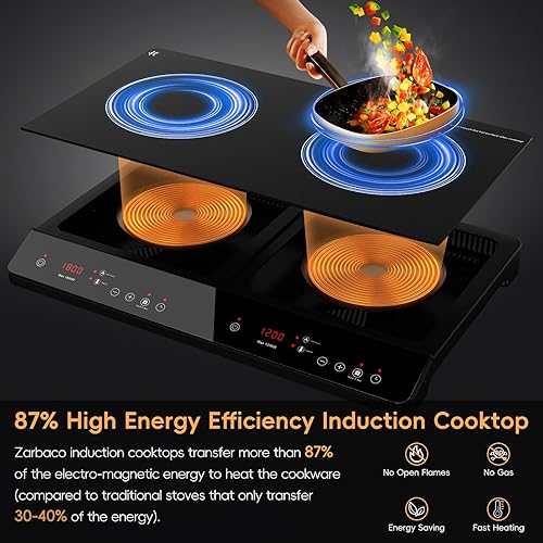 Miniatura 2 de Placa de cocción de doble inducción, cocina de inducción portátil de 1800 W, 2 quemadores, control táctil independiente, estufa eléctrica de