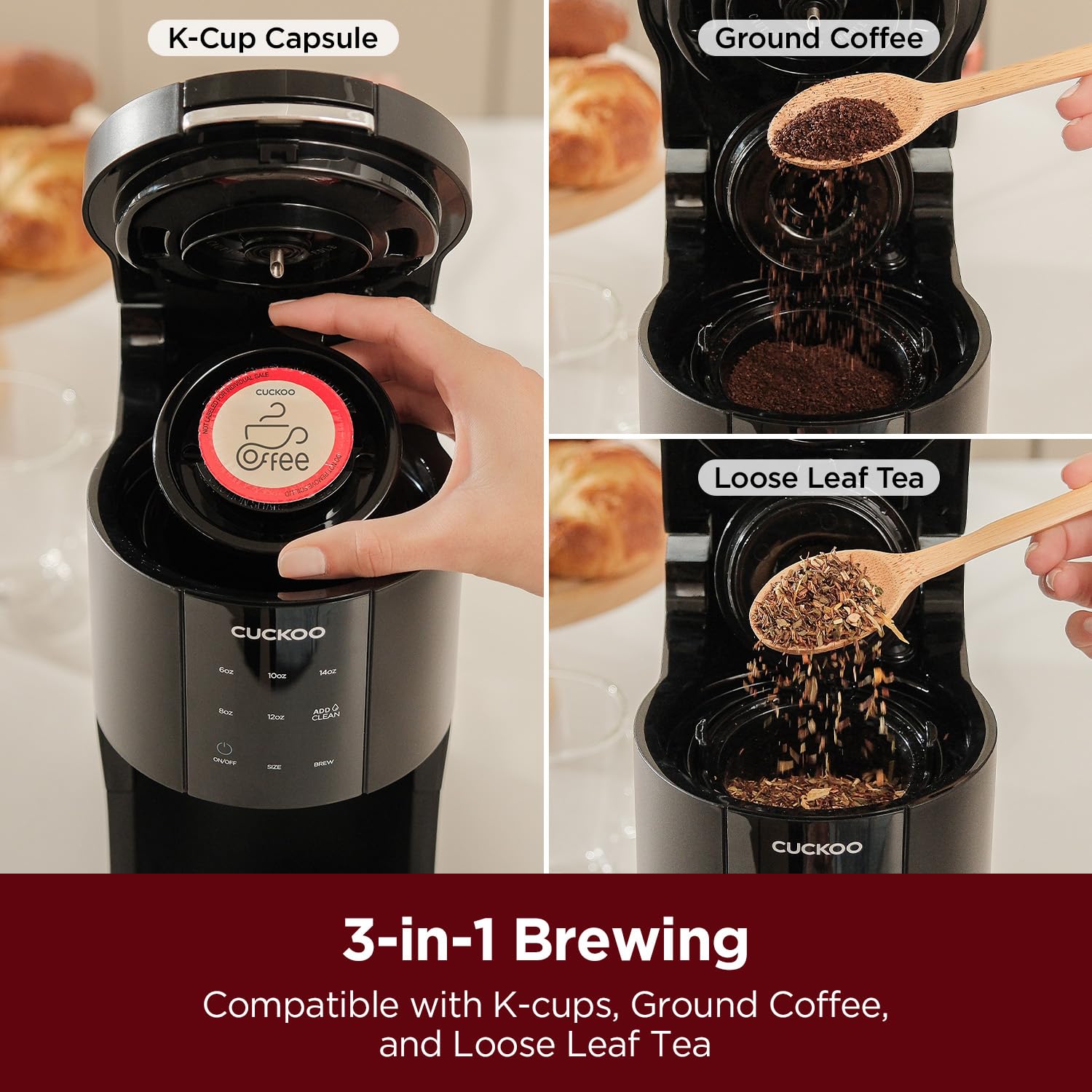 Condition photo showing New/Like New for cuckoo k-cup 3-in-1 single serve coffee maker, 5 sizes, ccm-ak011b | ground coffee and loose-leaf tea, auto-clean mode, compact single cup coffee machine, versatile pod brewing