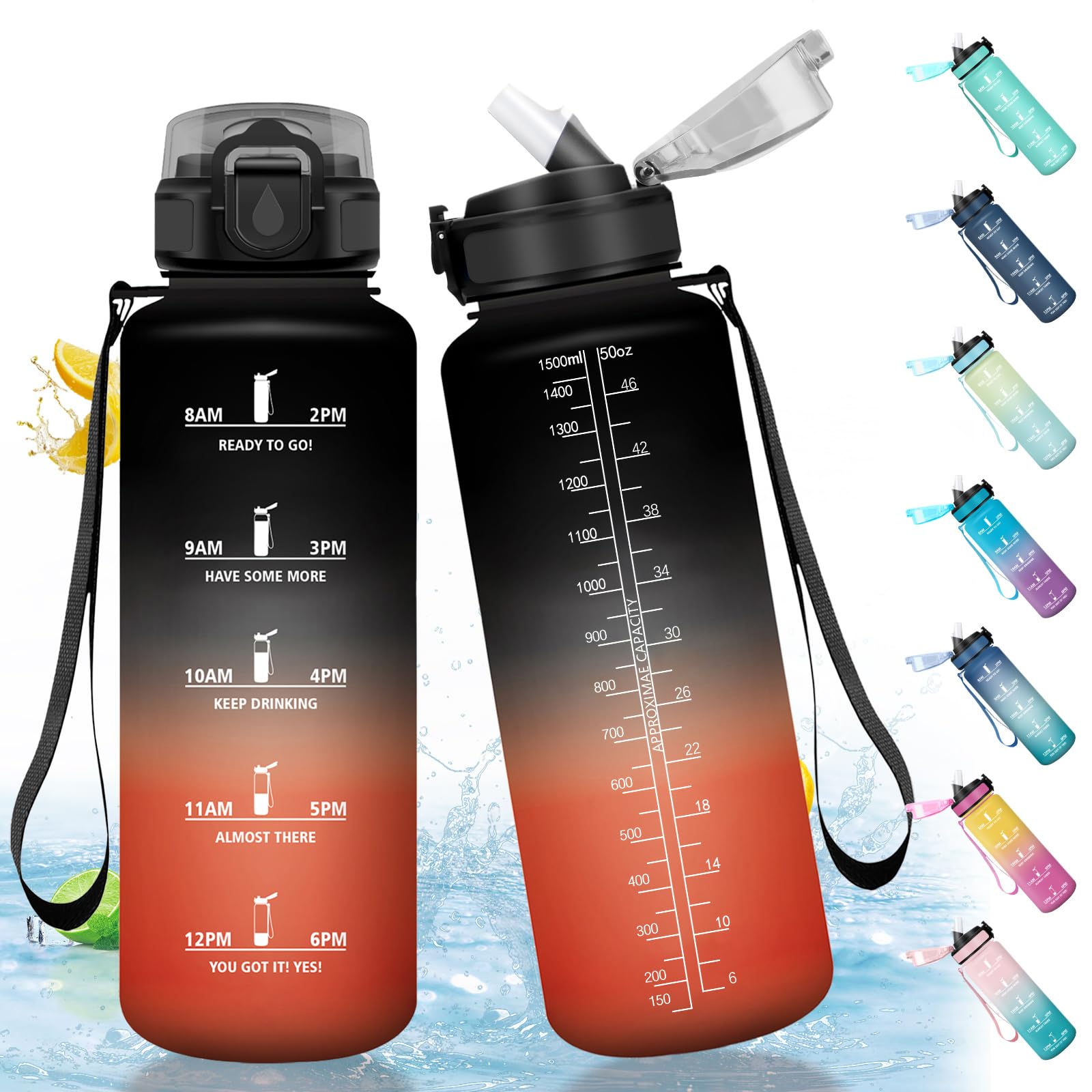 HoneyHolly 1.5L Reutilizables Motivational Water Bottle with Straw Gym Leakproof Water Bottle for School Gym Camping Cycling