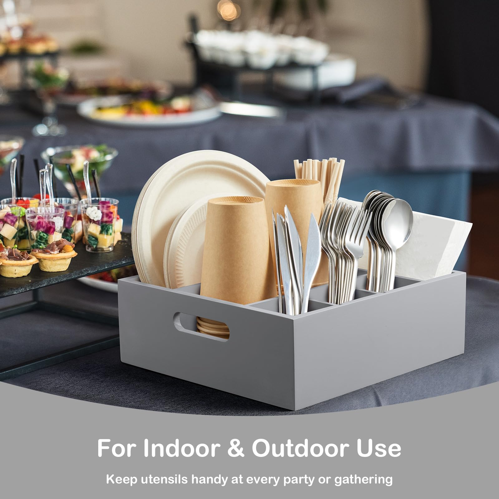 Soporte para utensilios de madera gris para fiestas, organizador de platos de papel para encimera, organizador de cubiertos con 6 compartimentos para platos, tazas, tenedores, cucharas