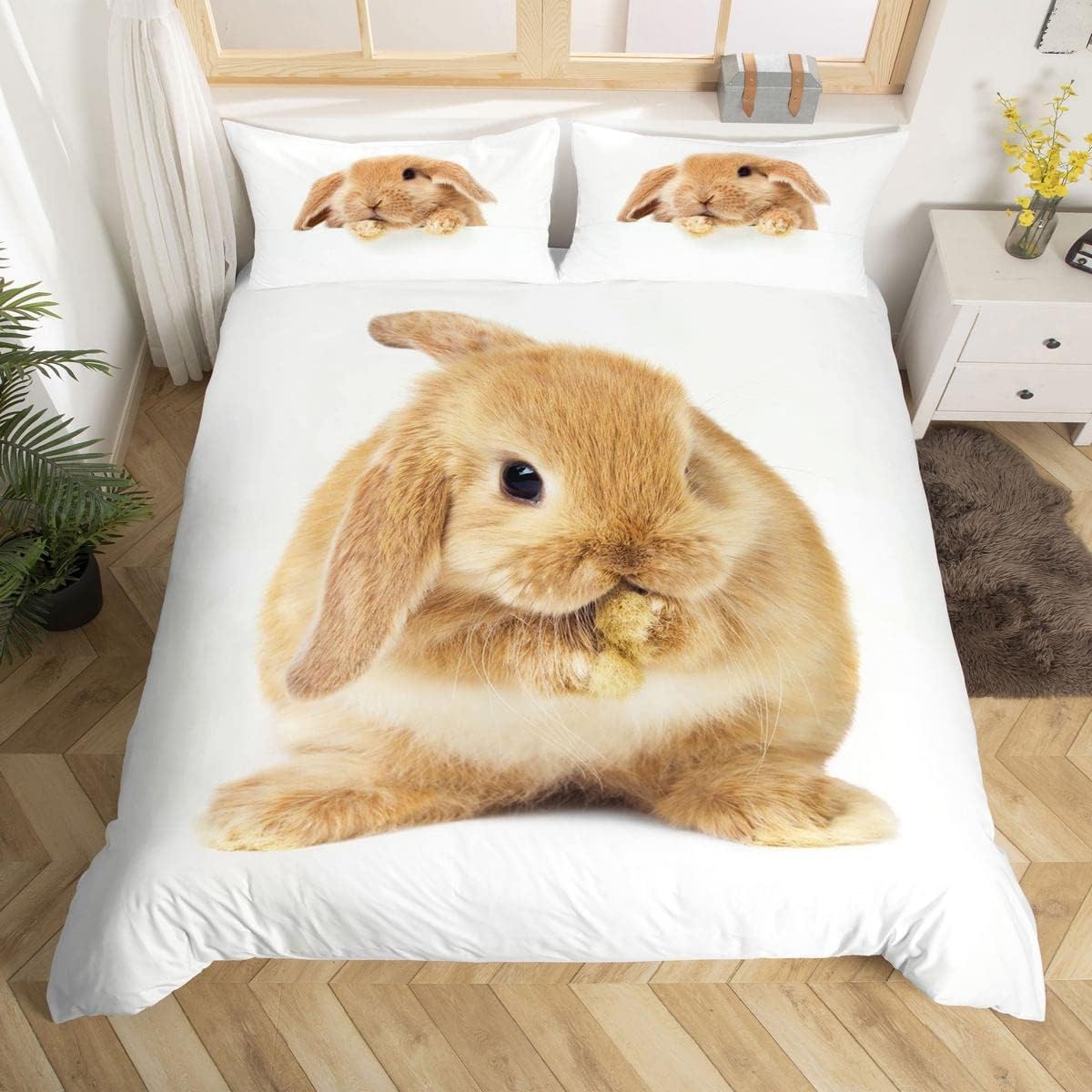 Homemissing Rabbit Bedding Set Yellow Rabbit Comforter Cover for Kids Boys Girls Teens Kawaii 3D Animal Duvet Cover Breathable Cute Aniaml Rabbit Fur Skin Bedspread Cover Room Decor Double Size