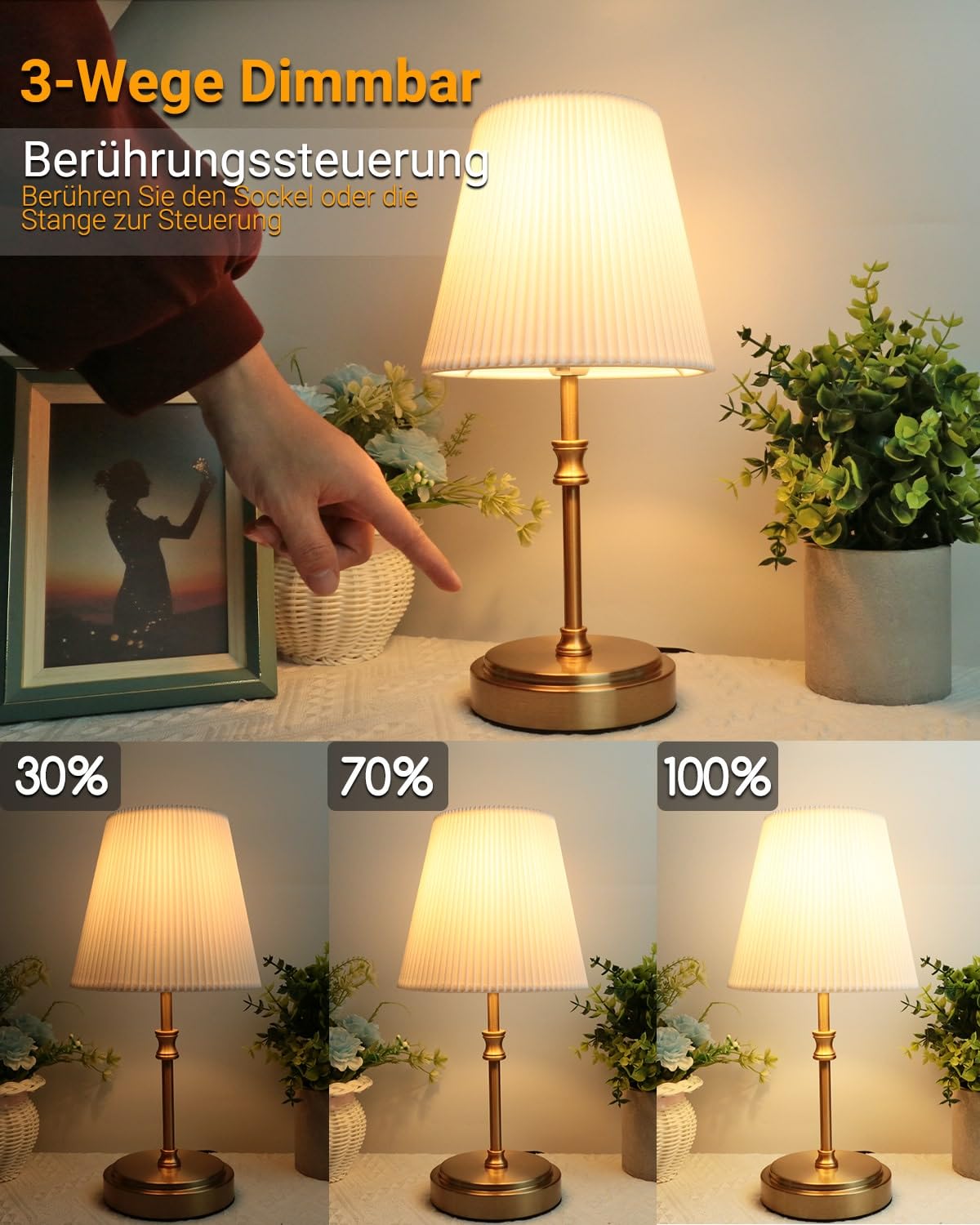 HSLighting Nachttischlampe Touch Dimmbar, 31.5cm Tischlampe Wohnzimmer Glühbirne 3 Helligkeitsstufen Einstellbar Schreibtischlampe Tischleuchte für Nachttisch Schlafzimmer Lesen Hotel, 2 Stuck