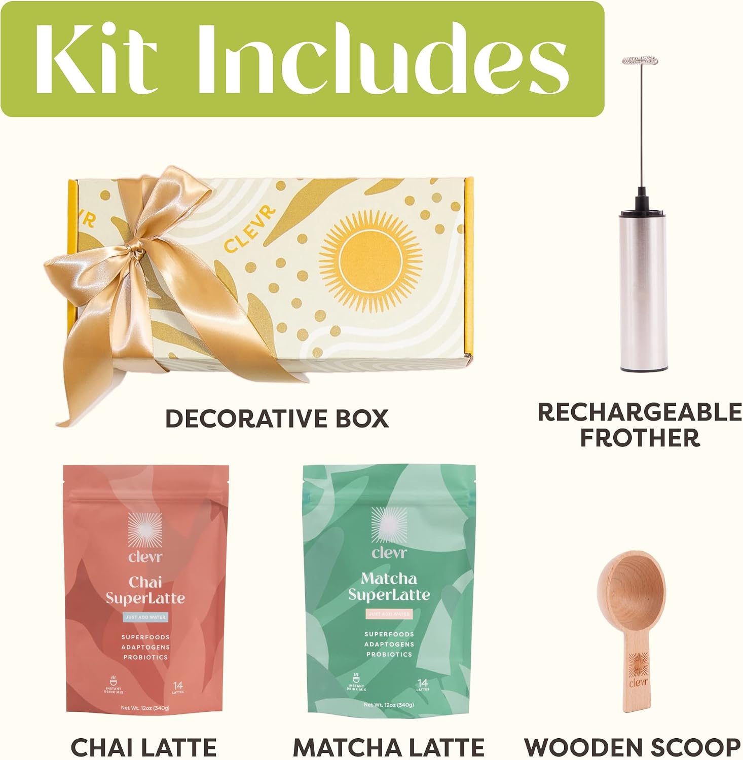 Clevr Blends Starter Kit (2-pack) Chai Tea & Matcha Green Tea Powder SuperLattes, Instant Latte Mix Oat Milk Coconut Creamer, Lion’s Mane Reishi Mushrooms, Organic Spices, Probiotics, Includes Frother