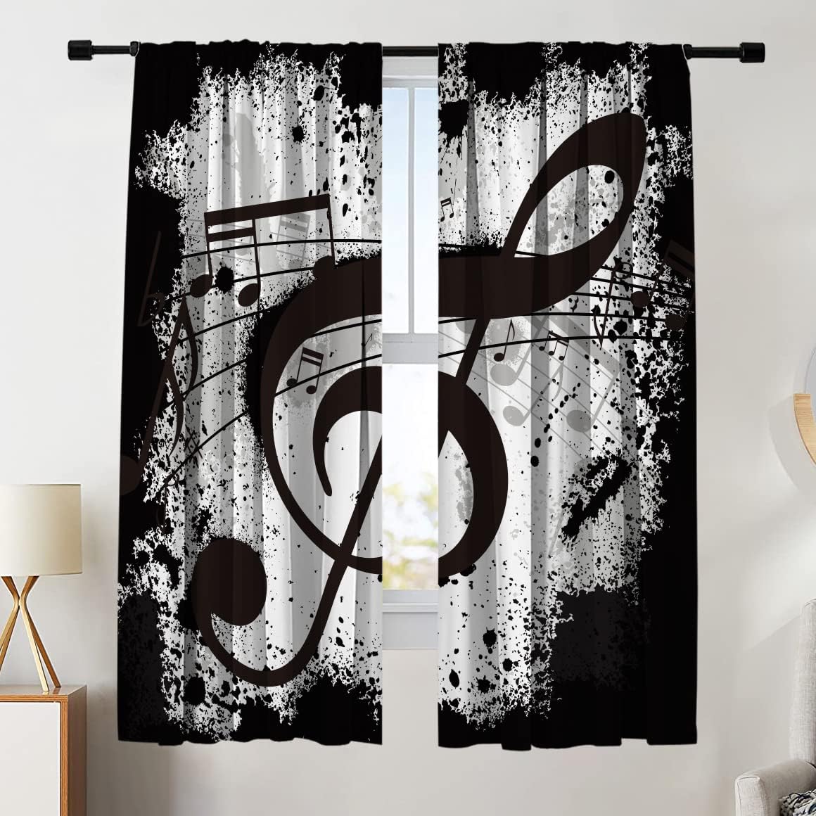 Miblor Blackout Curtains for Living Room Kitchen, Gunge Black Background with Music Notes Print Thermal Insulated Curtain Panels, Light Blocking Window Drapes for Kids Bedroom, Total 63" W x 63" L