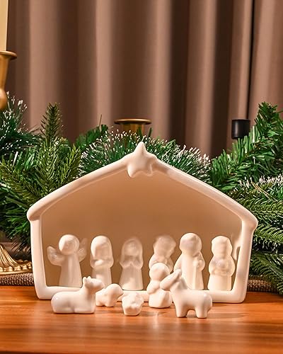 WDS WONDROUS Juego de 12 piezas de pesebre de cerámica, figura de pesebre de Navidad en miniatura, belén de porcelana blanca para Navidad,