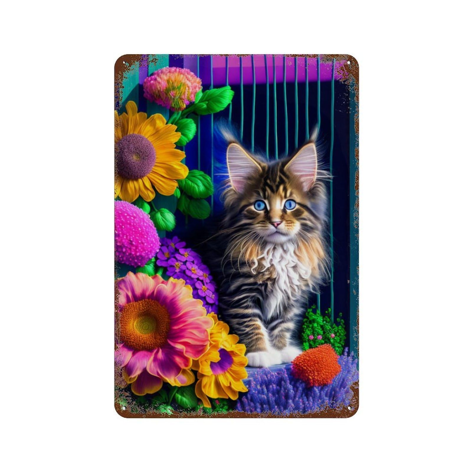 Garage Style Colorful Flowers with Cute Kitten Distressed Metal Wall Sign 11.8"x7.9", Farmhouse Wall Decor for Bar And Workshop
