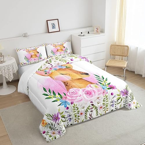 Miniatura 4 de Lindo juego de edredón de ciervos para niñas, rosas rosadas, juegos de ropa de cama y colecciones con temática de animales, edredón de flores