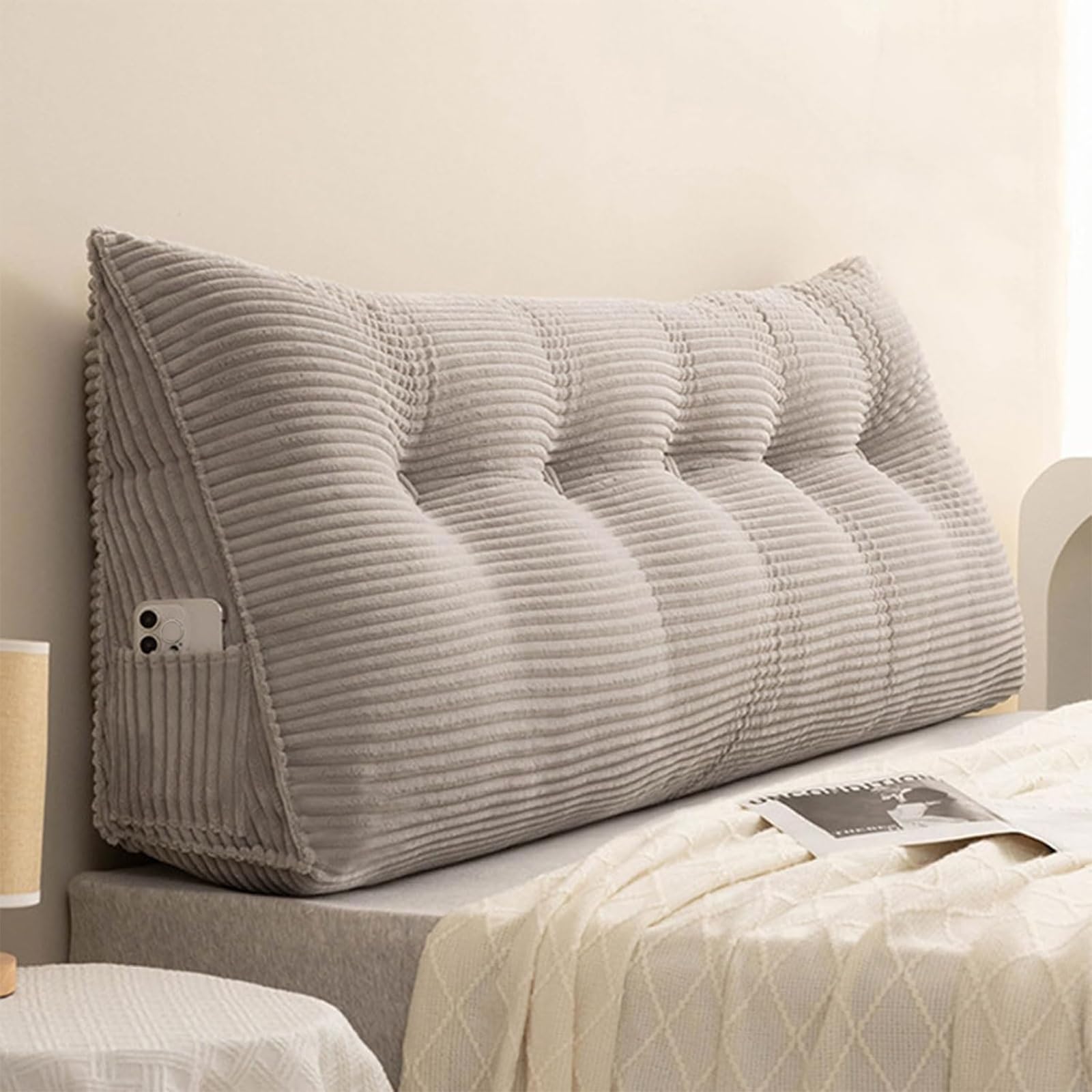 AIUTG Large Triangular Headboard Cushion, Corduroy Reading Pillow with Removable Washable Cover, Bed Backrest with Side Pocket, Support Cushion for Sofa(Gris,120x50x20cm)