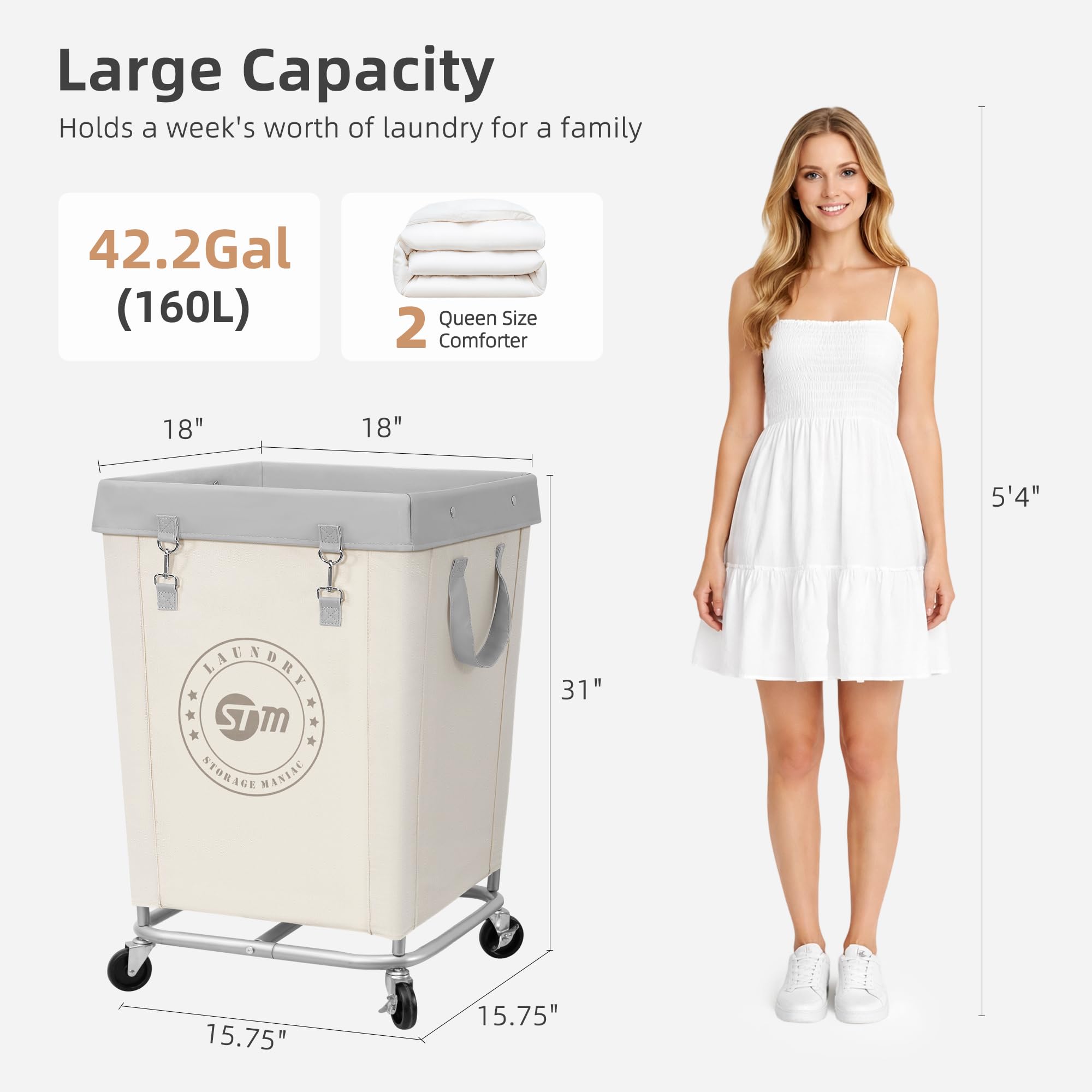 STORAGE MANIAC Cesto portabiancheria commerciale con telaio in acciaio resistente, 160 l, cesto portabiancheria industriale con ruote, per hotel, casa, lavanderia, 45 x 45 x 70 cm, beige medio