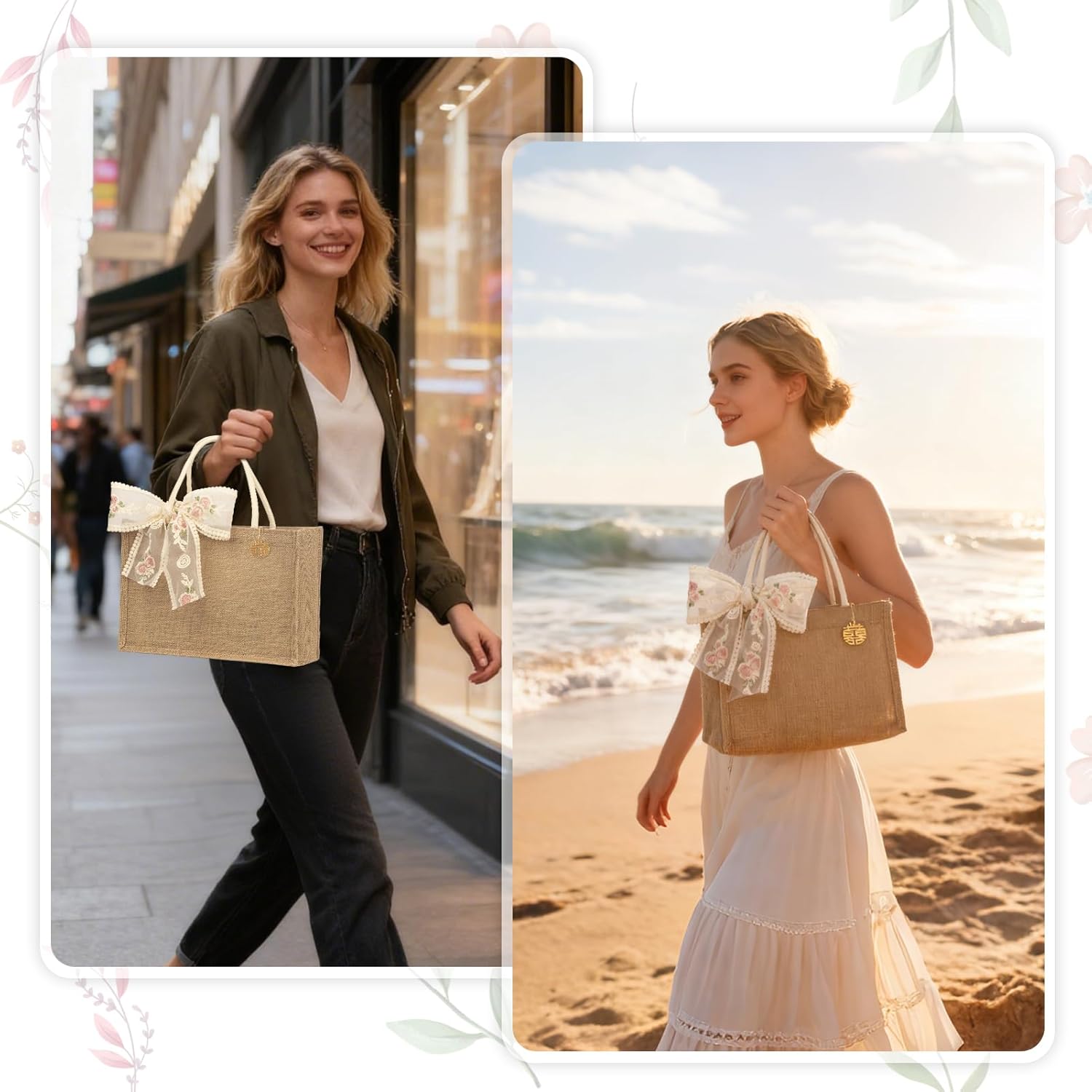 Burlap Jute Tote Bags with PE Lined Water-Resistant Interior, 13x9x5 Inch Reusable Bag for Beach, Shopping, Bridesmaid Gift - Image 7