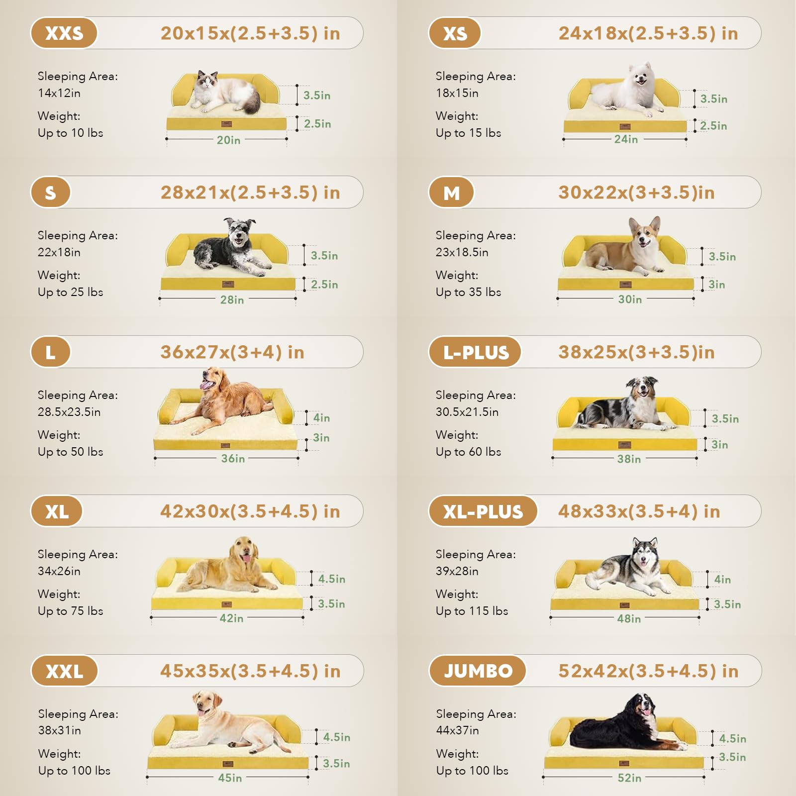 Orthopädisches Hundebett für große Hunde, orthopädisch, waschbar, Couch-Sofa, Größe XL, große Hunde, Nackenrolle, Memory-Schaum, wasserdicht, mit abnehmbarem Bezug, Ingwergelb