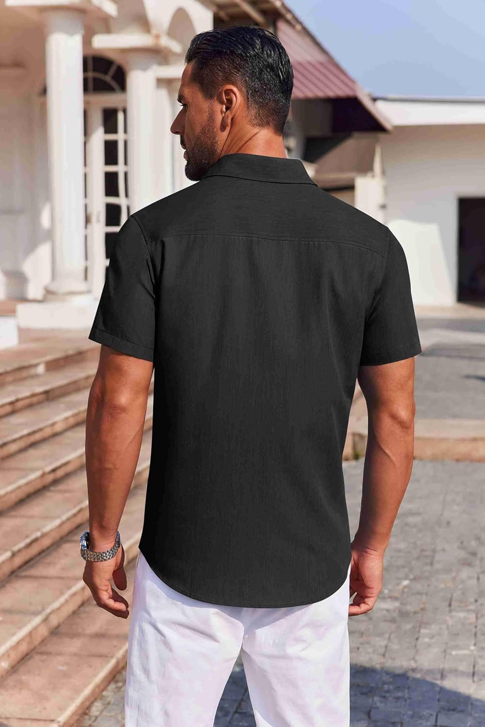 COOFANDY Mens Button Down Short Sleeve Shirt Casual Summer Stretch Denim Dress Shirts with Pocket - Image 4