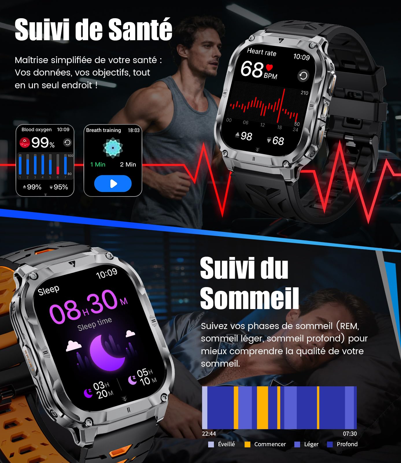 LIGE Montre Connectée Homme（3 Bracelets）, Smartwatch avec Torche LED/Batterie 1000mAh/2.0" HD Grand Écran/Appel Bluetooth/Cardiofréquence/Analyse Sommeil/100+Modes Sport, Smart Watch Android/iOS