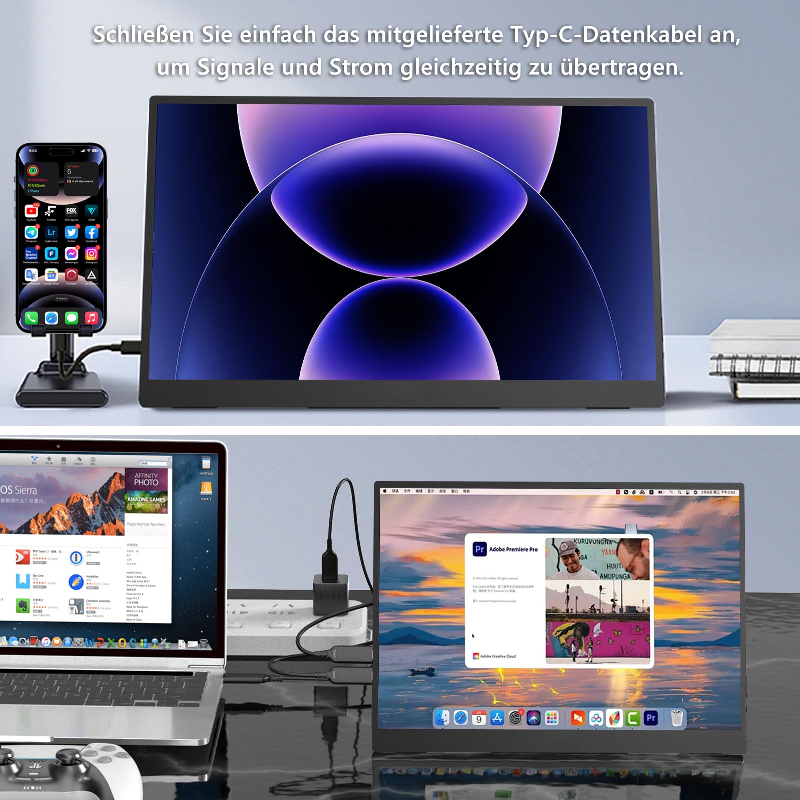 Monitor touch screen da 14,1 pollici, 1920 x 1200, display IPS da schermo portatile con 2 USB-C, HDMI, USB-A, 10 punti, monitor portatile esteso per laptop, PC, telefono, Mac, Xbox, PS5