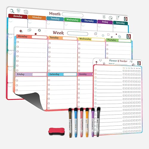 Miniatura 6 de Juego de 3 pizarras de borrado en seco para refrigerador, 1 calendario mensual de borrado en seco, 1 calendario semanal de pizarra magnética,