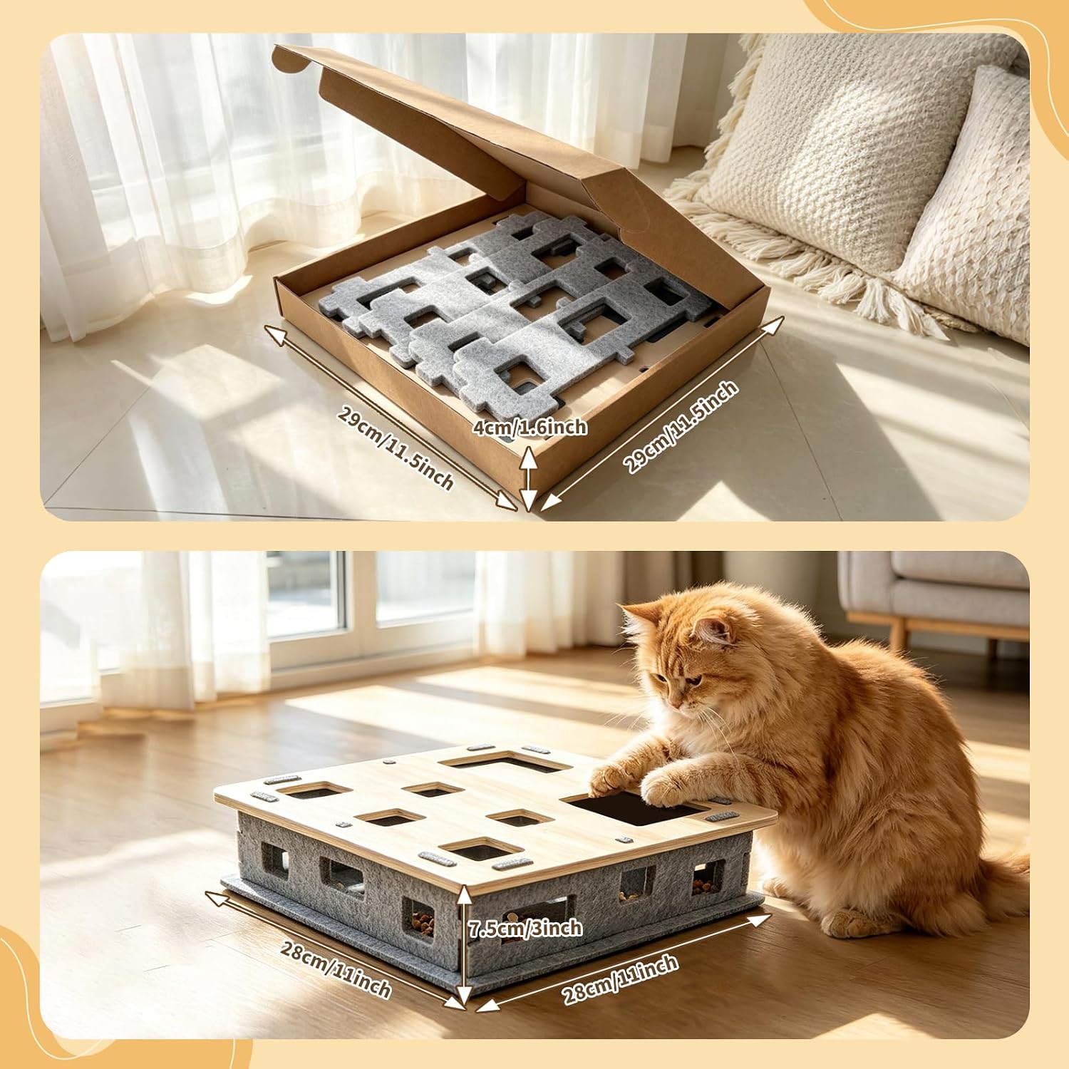Wooden Felt Cat Slow Feeder Puzzle Box | DIY flat pack maze feeder, foraging play slows feeding, aids digestion weight control, compact storage UK indoor house cats