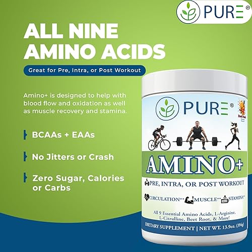 Miniatura 4 de PURE Amino+ - Mezcla de bebidas, salpicaduras de frutas, 9 aminoácidos esenciales, L-arginina, L-citrulina, 17.67 oz, 30 porciones, suplemento de