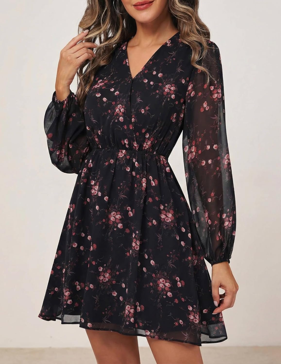 DERAX Women's Boho Floral Mini Dresses Fall V Neck Chiffon Long Peasant Sleeves 2026 Spring Short Dress - Image 2