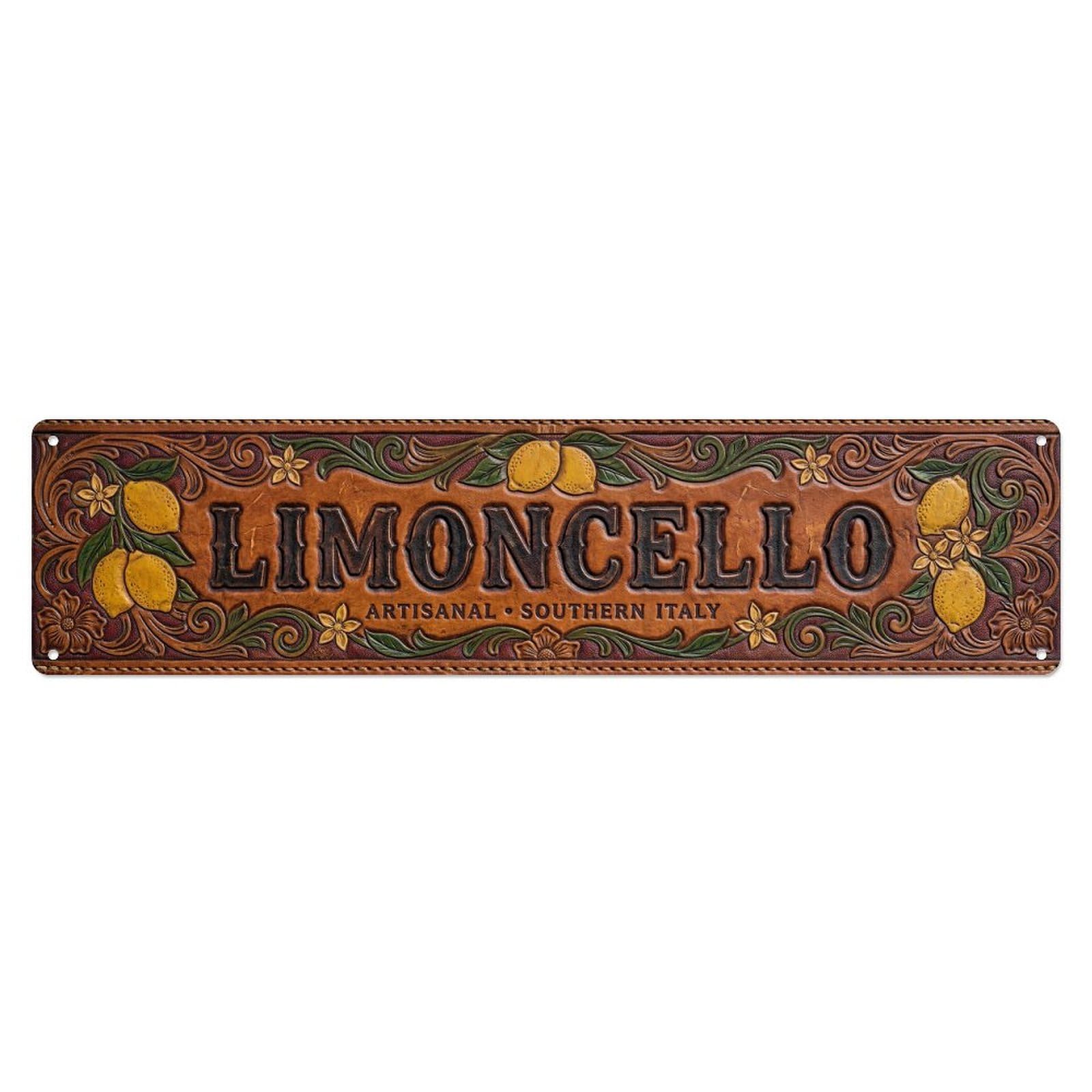Vintage Limoncello Leather Embossed Lemon Metal Tin Sign Plaque Wall Decor for Cafe, Club, Garden Metal Poster 4x16Inch