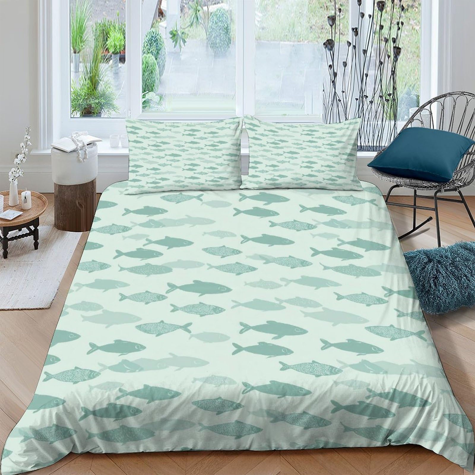 GPLZQXKJNH 3D Printed Green Fish Pattern Duvet Cover Set Microfiber Soft Breathable Ocean Wave Bedding with 2 Pillowcases for Bedroom Decor Single（135x200cm）