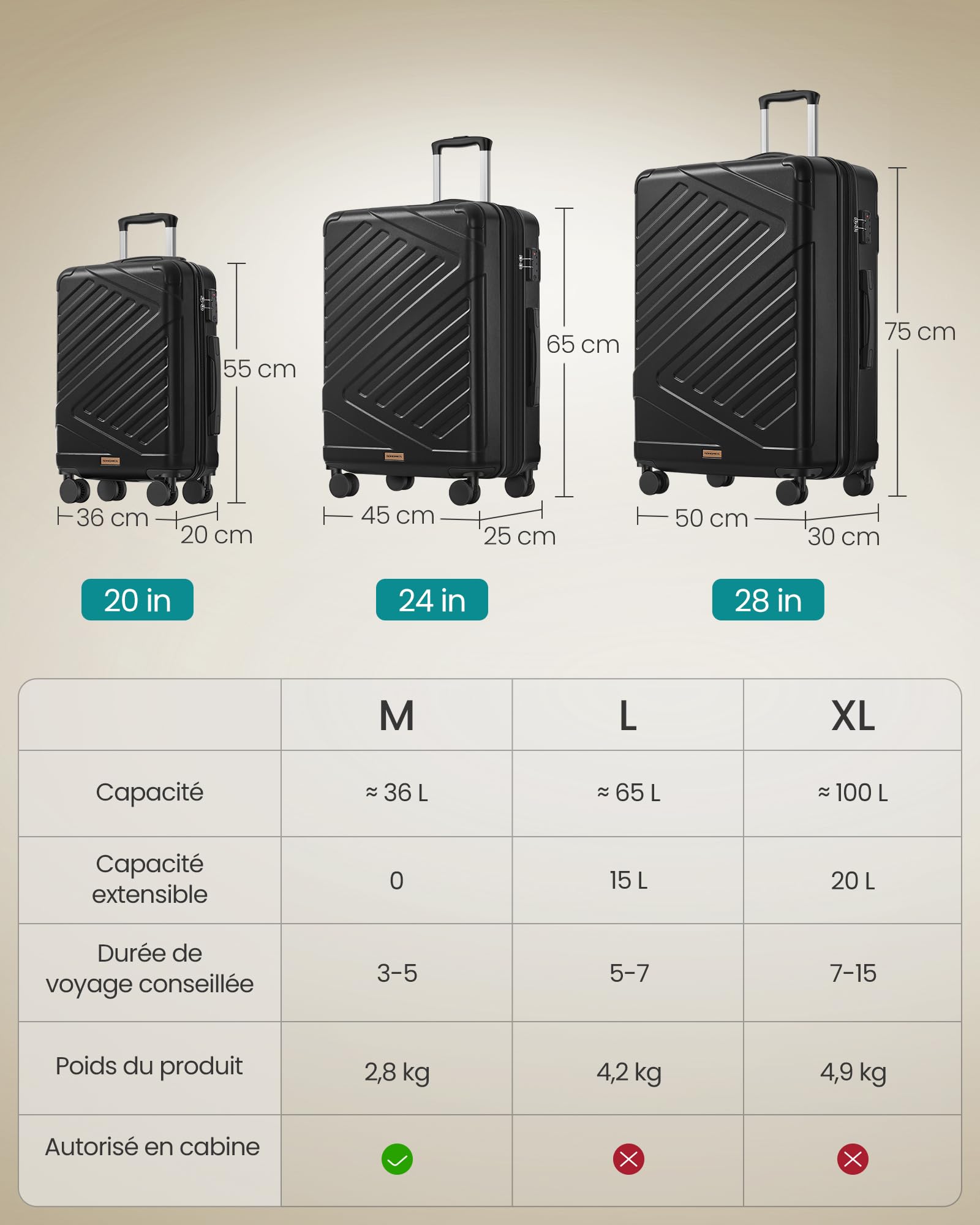 SONGMICS Valise Grande Taille, Valise Soute, Suitcase, en ABS, avec Serrure TSA, 4 roulettes Doubles, Sangle Incluse, Extensible, XL, 75 x 50 x 30 cm, Noir d'encre RLP003B101
