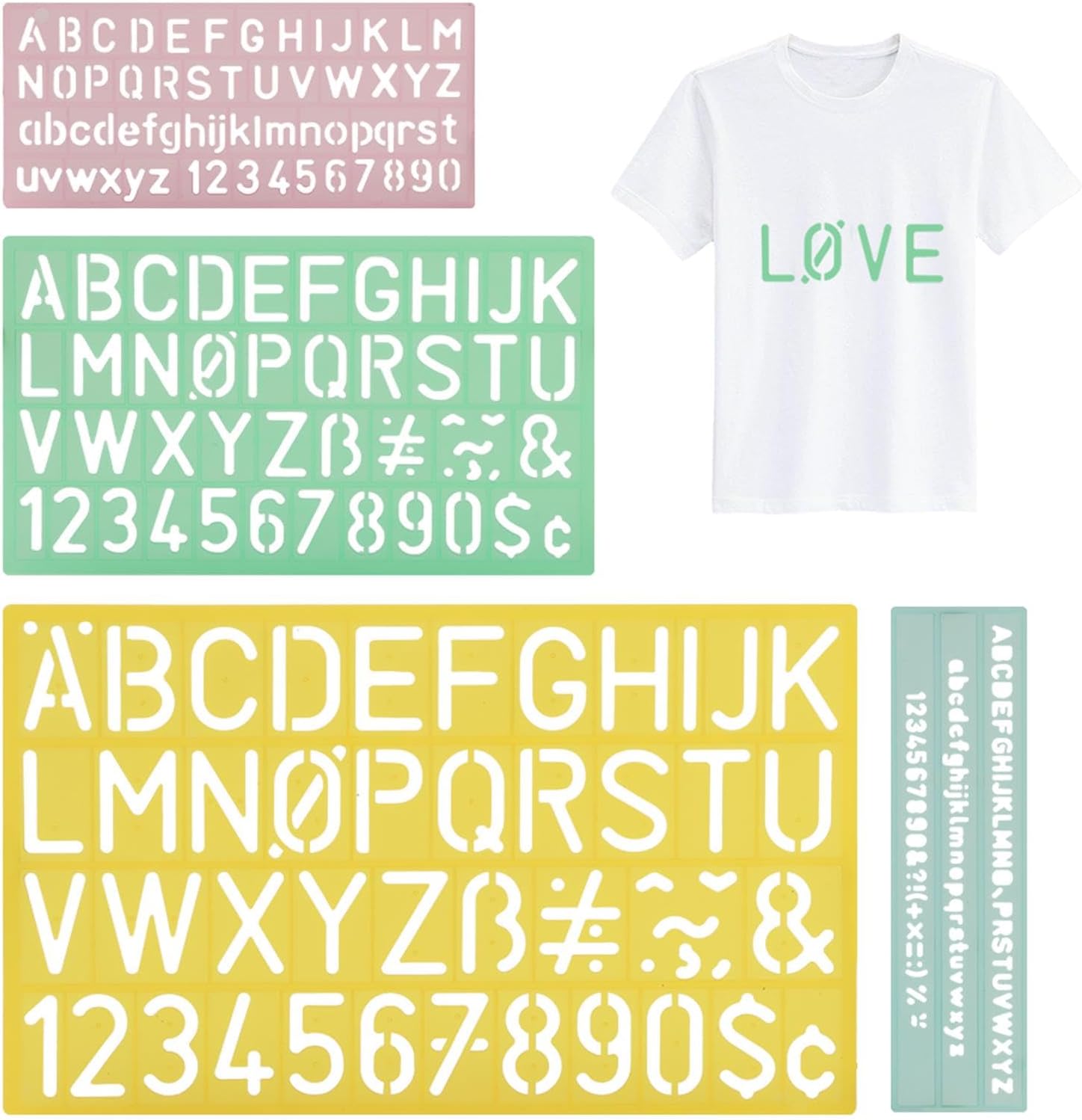 Alphabet Stencils Set of 4, Plastic Letter & Number Stencils 4 Sizes, Ruler Guide Lines for Learning, Painting, Scrapbooking DIY, 4 Colours
