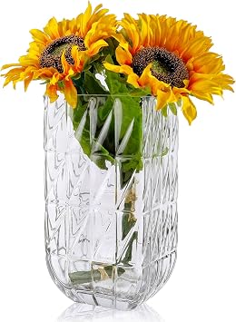 Glass Geometric Rectangle Vase Heavy Duty Large Crystal Flower Vase for Dining Table Kitchen Office Home Decor Housewarming Wedding Smoke Gray, H9.1" Diameter4.7"