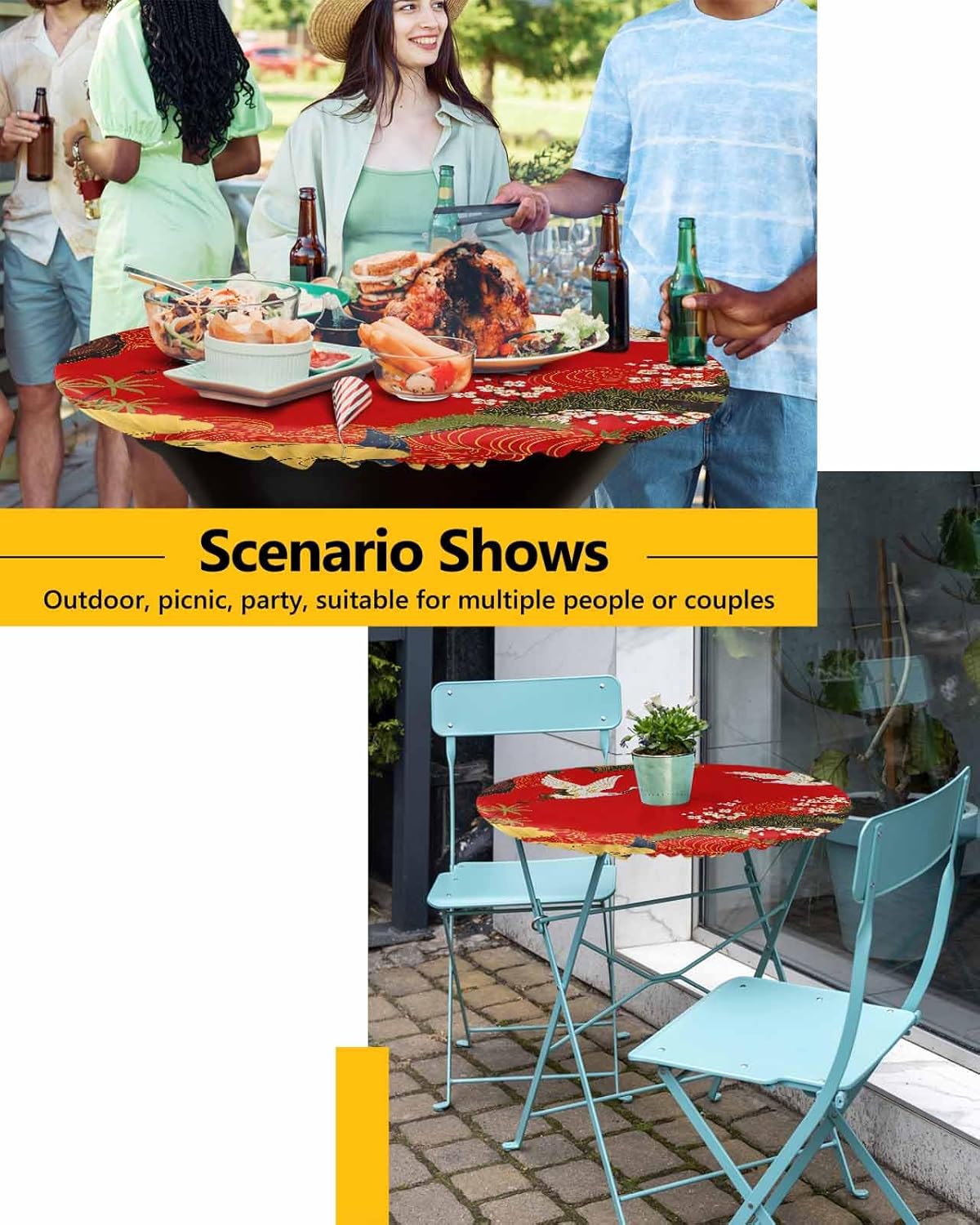 Red Traditional Fitted Tablecloth with Elastic Edged, Round Table Cloth for Dining Tables 55"-60" Vintage Crane Pine Flowers Natural Waterproof Oil Proof Table Cover for Indoor Outdoor