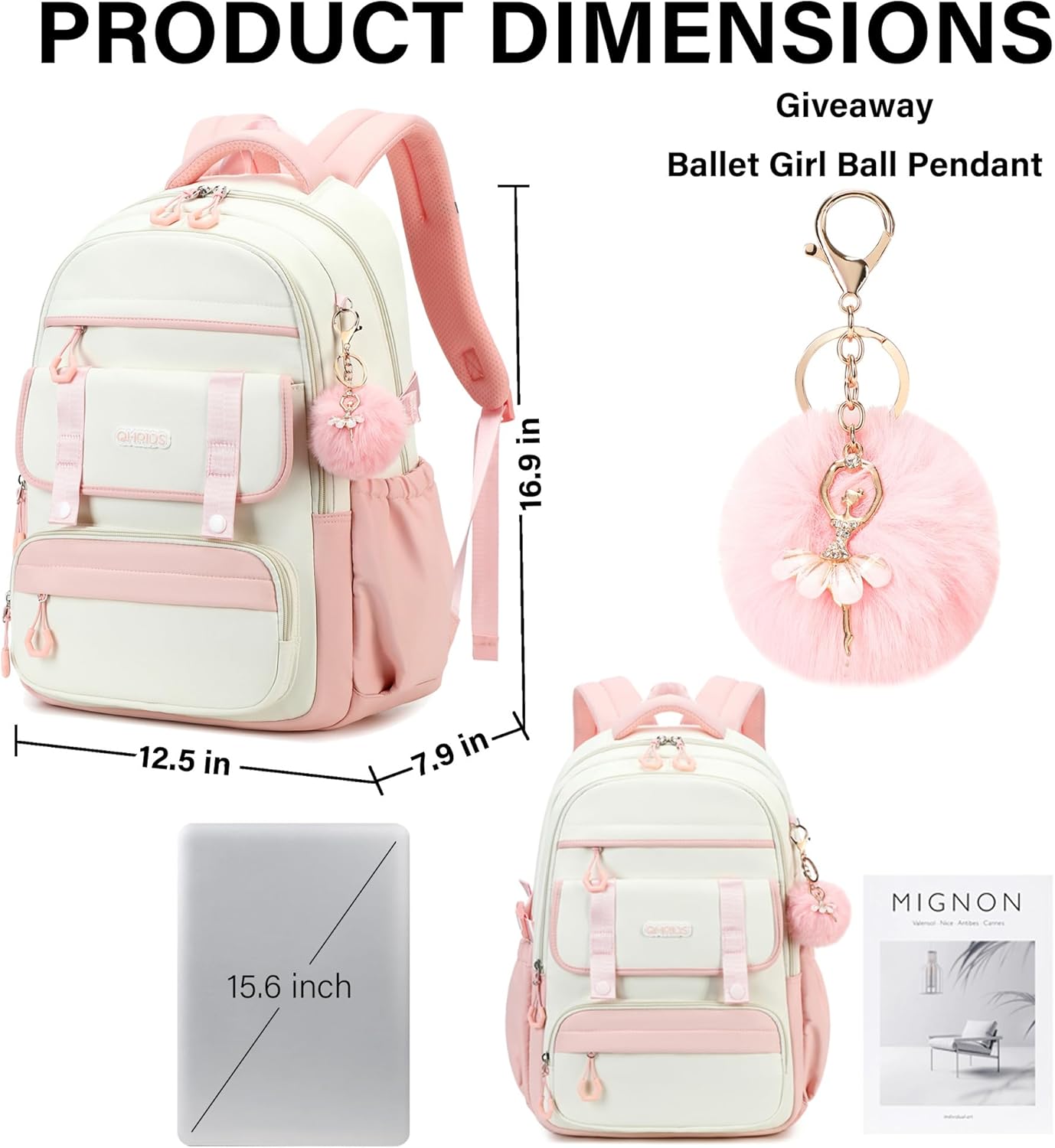 School Backpack for Girls, Laptop Backpack 15.6 Inch Kids Elementary Middle High School Bag Anti Theft Cute College Bookbags for Teens Girls Women Students Casual Travel Daypack,Pink Beige - Image 6