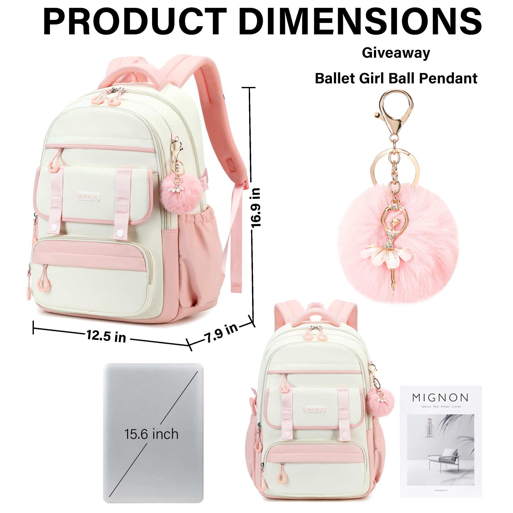 Zaino scolastico per ragazze, 3 pezzi, zaino per computer portatile da 15,6 pollici con portapranzo e astuccio per matite, set per libri scolastici per bambini, Rosa e beige., Carino