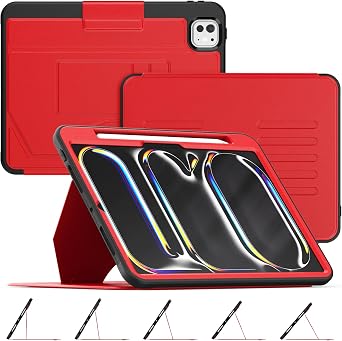 HXCASEAC for iPad Pro 11 inch Case M5/M4, with Pencil Holder | 5-Adjustable Magnetic Stand | Soft PU Leather | Auto-Wake/Sleep | Slim Protective | Card Slot, iPad Pro 11 Case Cover 2024-2025, Red