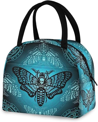 Miniatura 8 de MNSRUU Bolsa de almuerzo para mujeres y hombres, bolsa de almuerzo térmica reutilizable con diseño de polilla de calavera negra, bolsa enfriadora