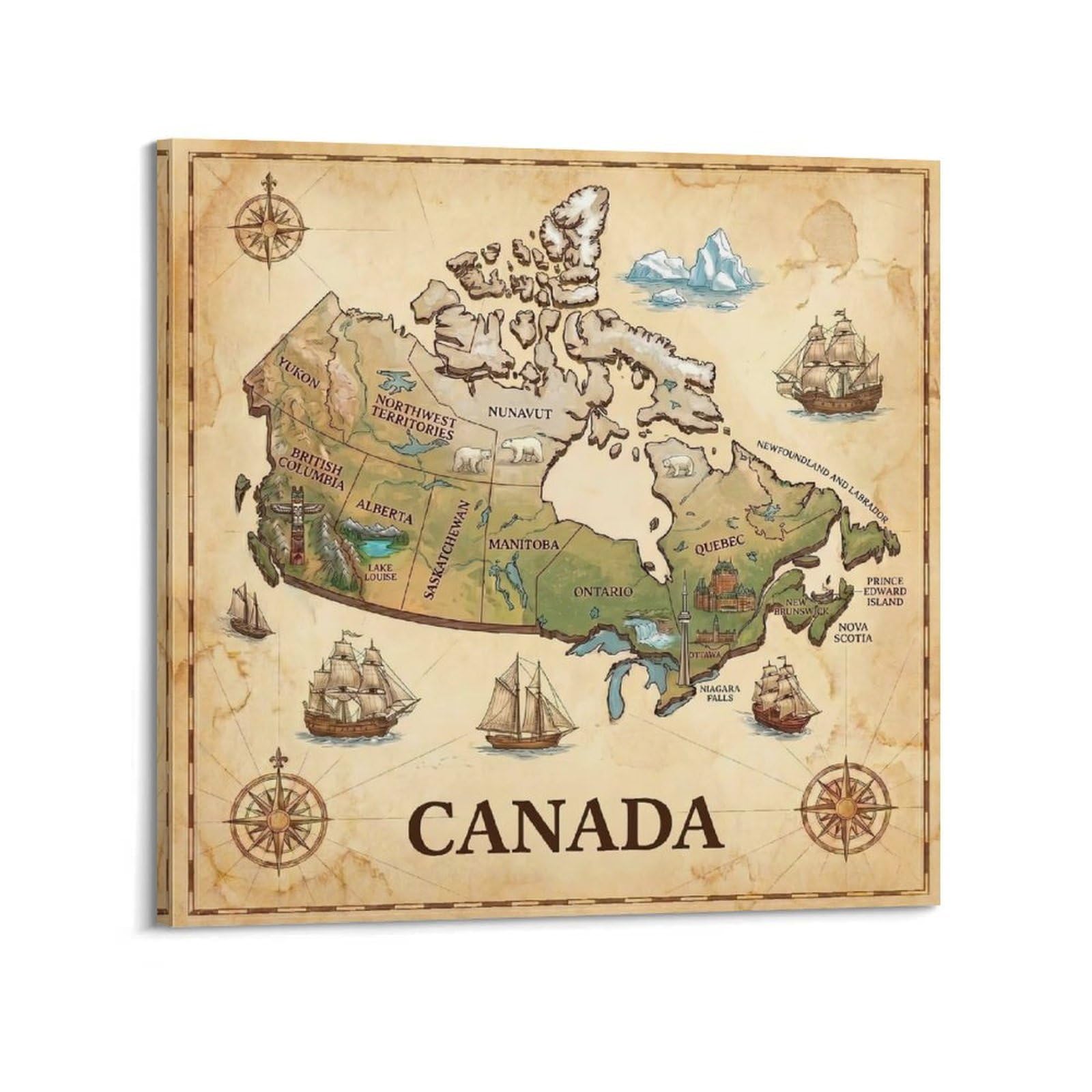 OKAHYS Vintage Canada Travel Map Poster Decorative Painting Canvas Wall Artworks Picture 28x28inch(70x70cm)