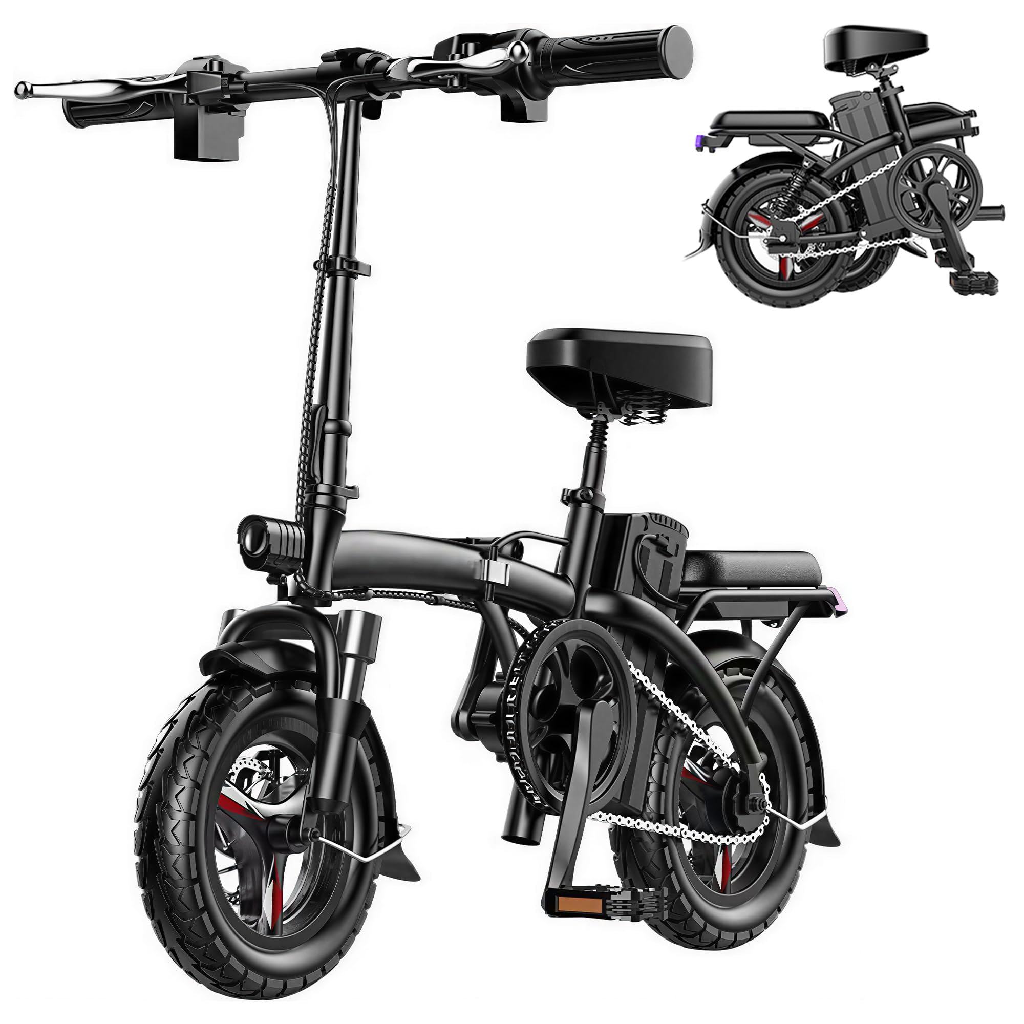 E Bike mit bis zu 40 km Reichweite,14 Zoll E Bike Elektrofahrräder mit Federung, LED-Licht für Stadtpendler & Scheibenbremsen