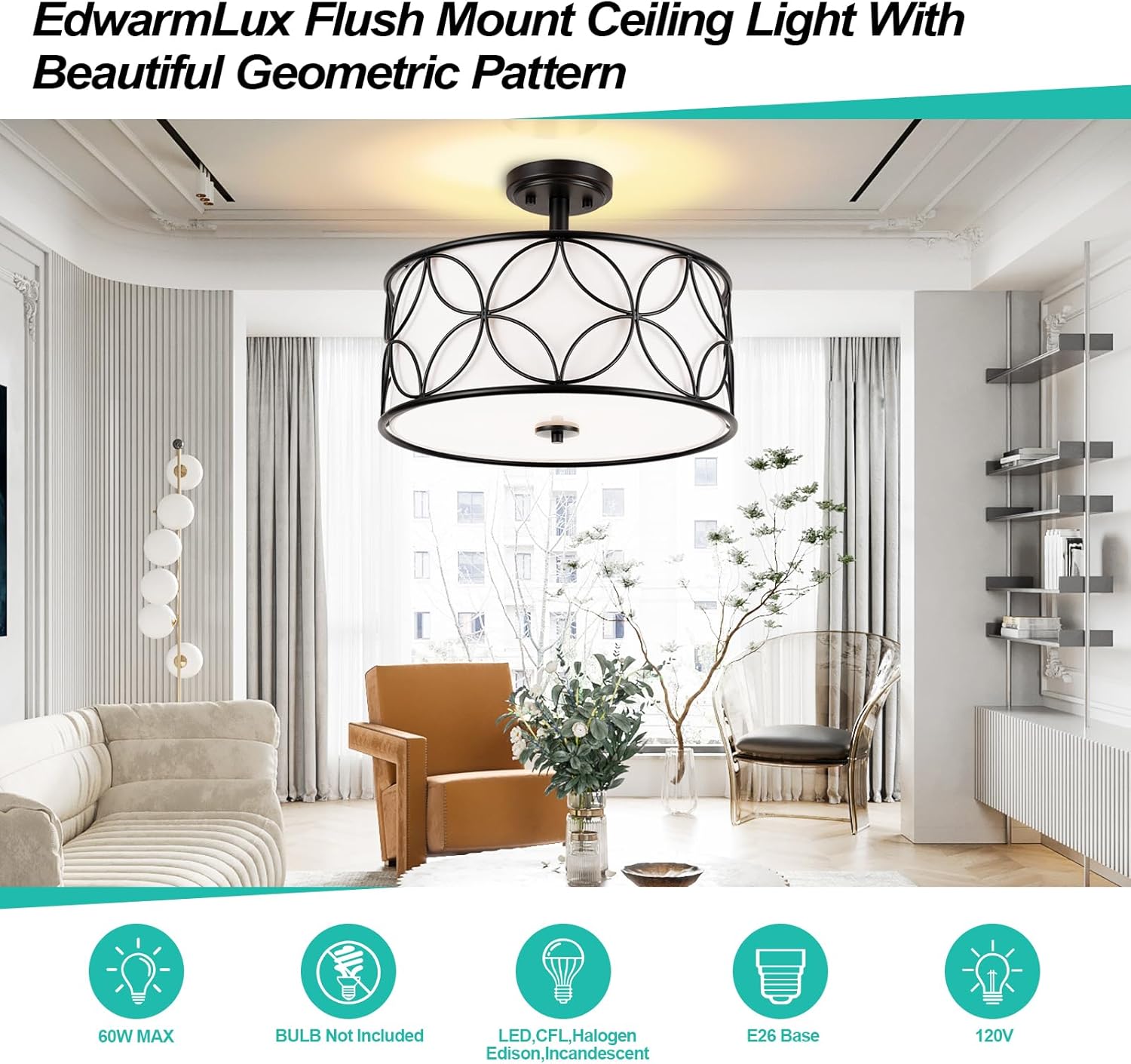 Edwarmlux 3-Light Semi Flush Mount Ceiling Light, 16" Drum Light with Fabric Shade, Modern Close to Ceiling Lamp for Living Room Bedroom Dining Room Kitchen Hallway Entry Foyer (Black)