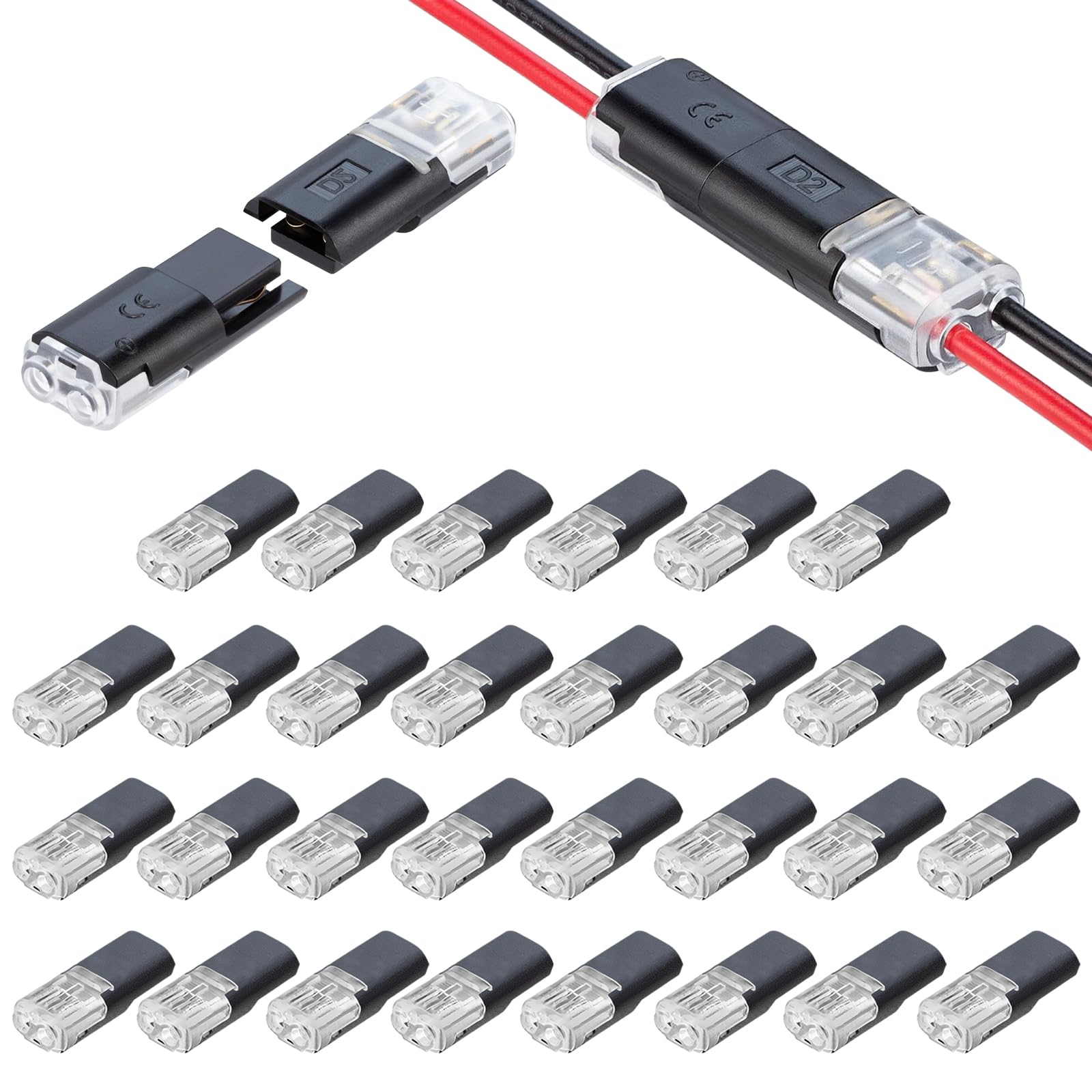30 PCS 2Pin Wire Connectors Push Fit, No Wire Stripping Solder Free Cable Connectors, Double Wire Plug in Connector, 12v Wire Connector Quick Connect for LED Speakers Outlets Lamps Switches