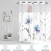 Vista 6 de No Hook Shower Curtain with Snap in Liner Set,Modern Blue Floral Shower Curtains for Bathroom Hotel Decor 71 x 74in