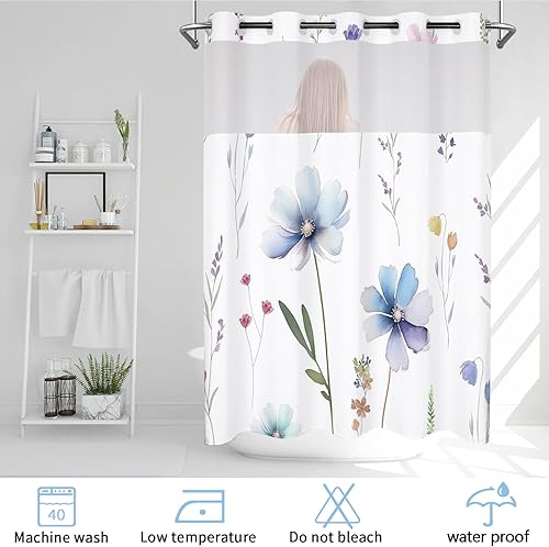 Miniatura 6 de Cortina de ducha sin gancho con forro a presión, modernas cortinas de ducha florales azules para decoración de baño, hotel, 71 x 74 pulgadas