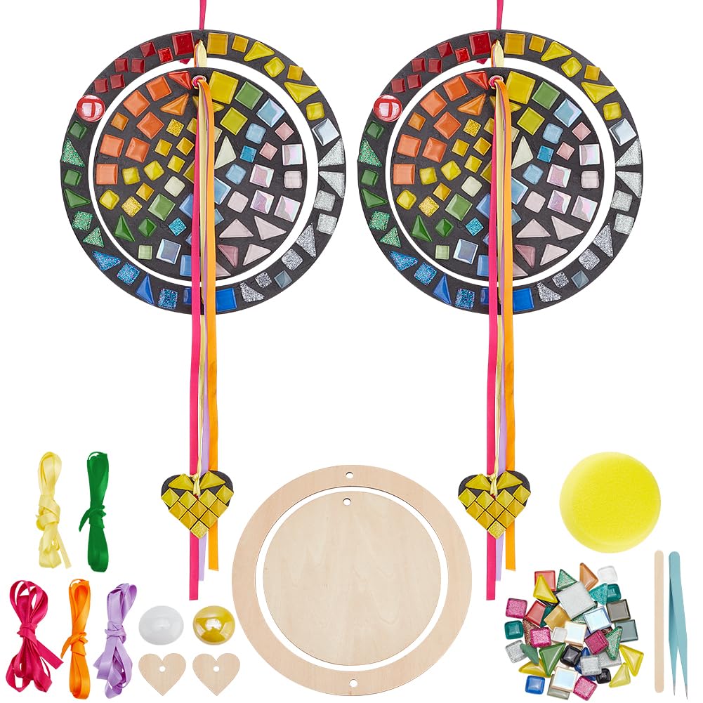 Rainbow Heart Mosaic Making Kit DIY Mosaic Arts and Craft Kits with Wooden Board for Adult Beginner,Glass Mosaic Tile DIY Kit Crystal Mosaic Supplies Home Decor Desktop Gifts,2 Pcs