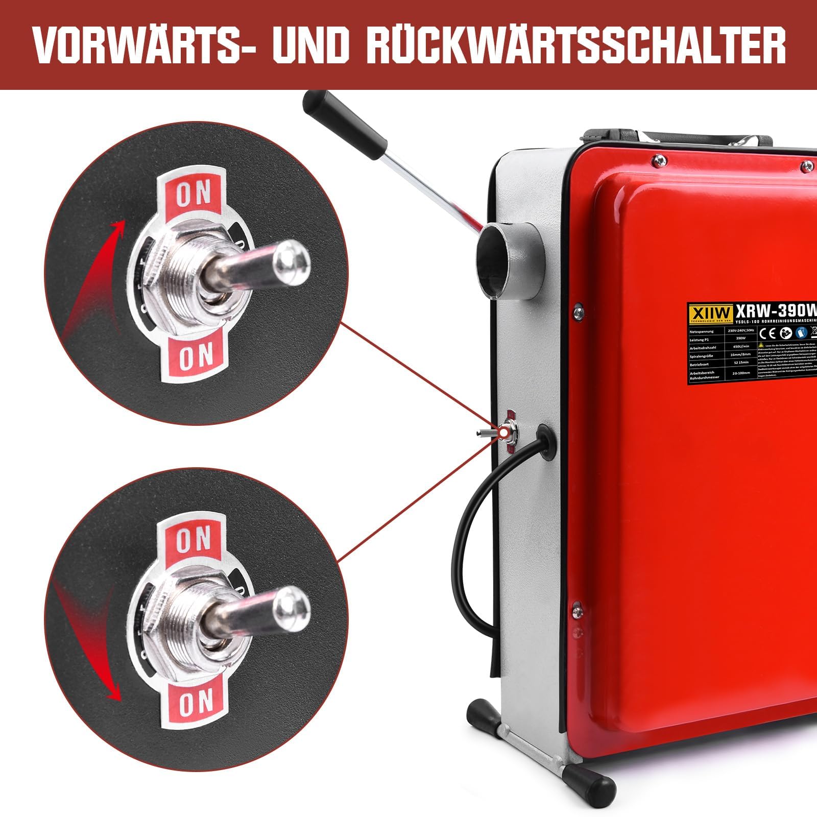 16mm 14,5M Spirale, 390W Elektrisch Rohrreinigungsmaschine für Ø20-100mm Rohrleitungen, Rohrreinigungsgerät 450U/min, Rohrreinigungsspirale Ø8mm 10M, Rohrreiniger Abflussreiniger Reinigung Drain Clean