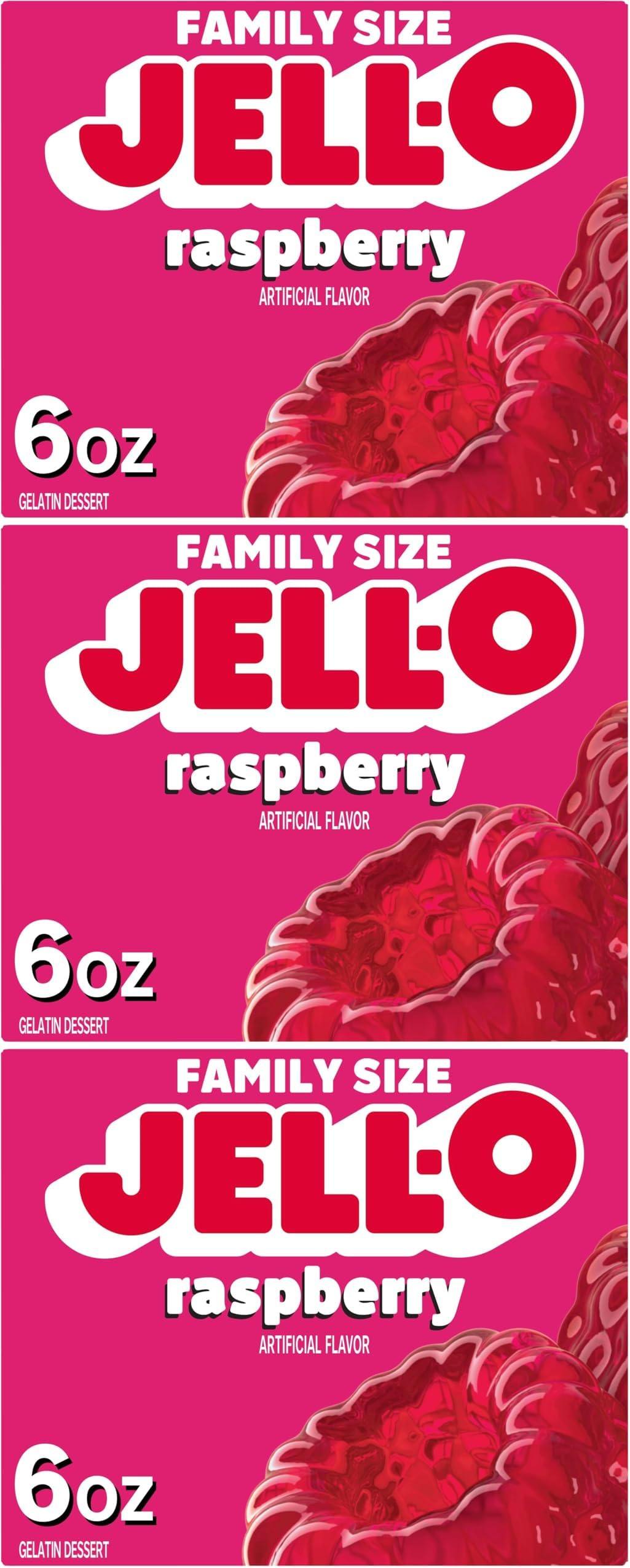 Jell-O Raspberry Gelatin Dessert Mix, Family Size Box, 6 oz (Pack of 3)
