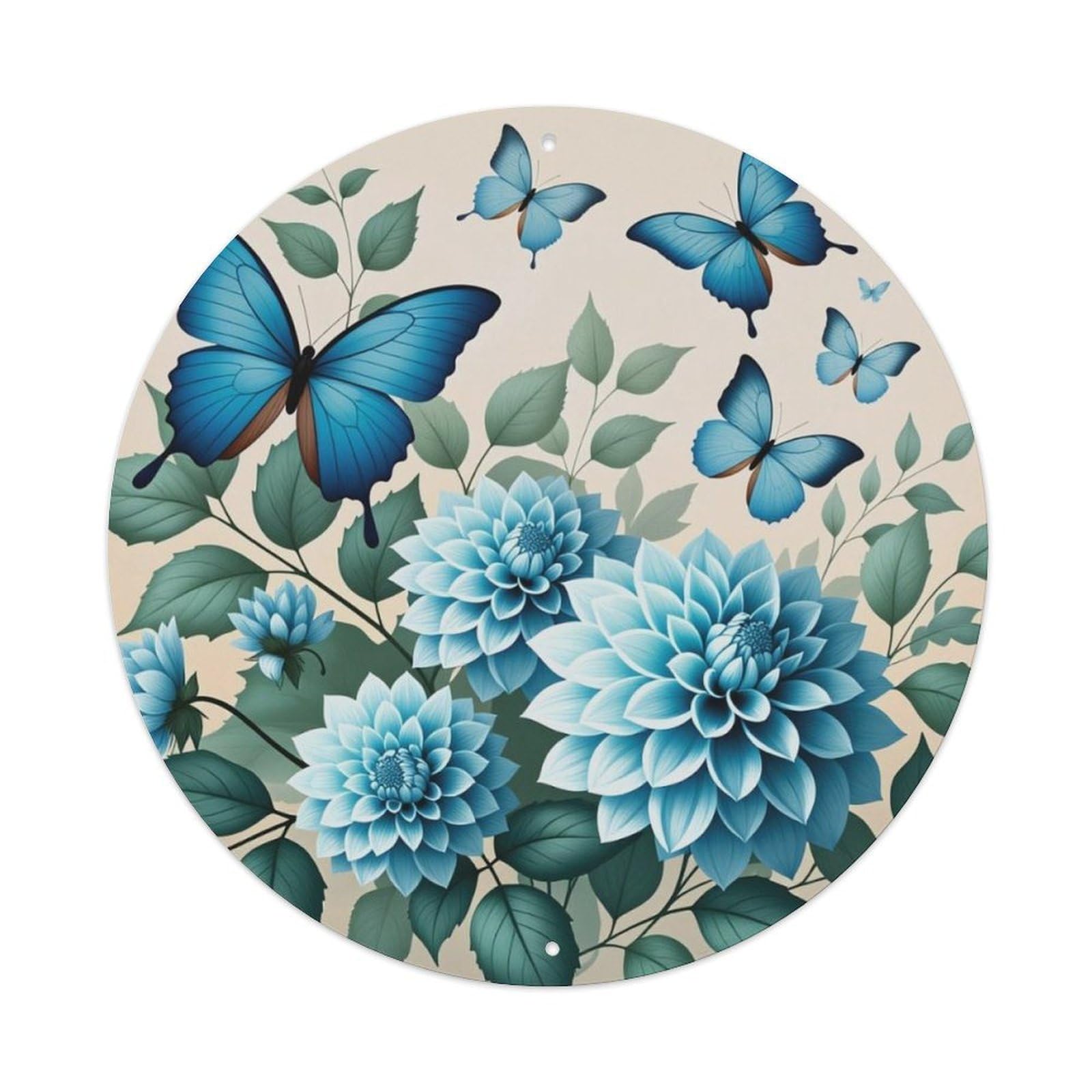 Blue Butterfly Dahlia Flower Round Decor Sign Vintage Aluminium Metal Sign, Retro Wall Decor for Home, Bar, Garage & Farmhouse 20x20cm