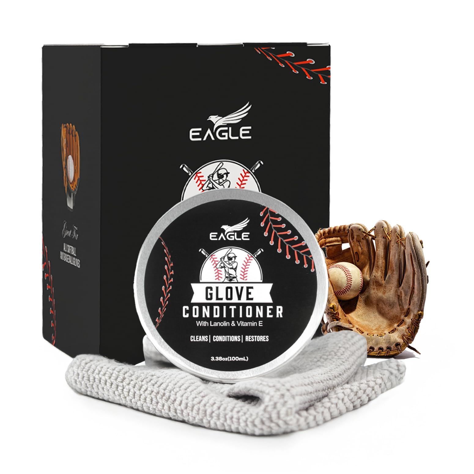 Eagle Leather Glove Conditioner Cream with Cloth Applicator - Glove Treatment for Baseball & Softball Mitts