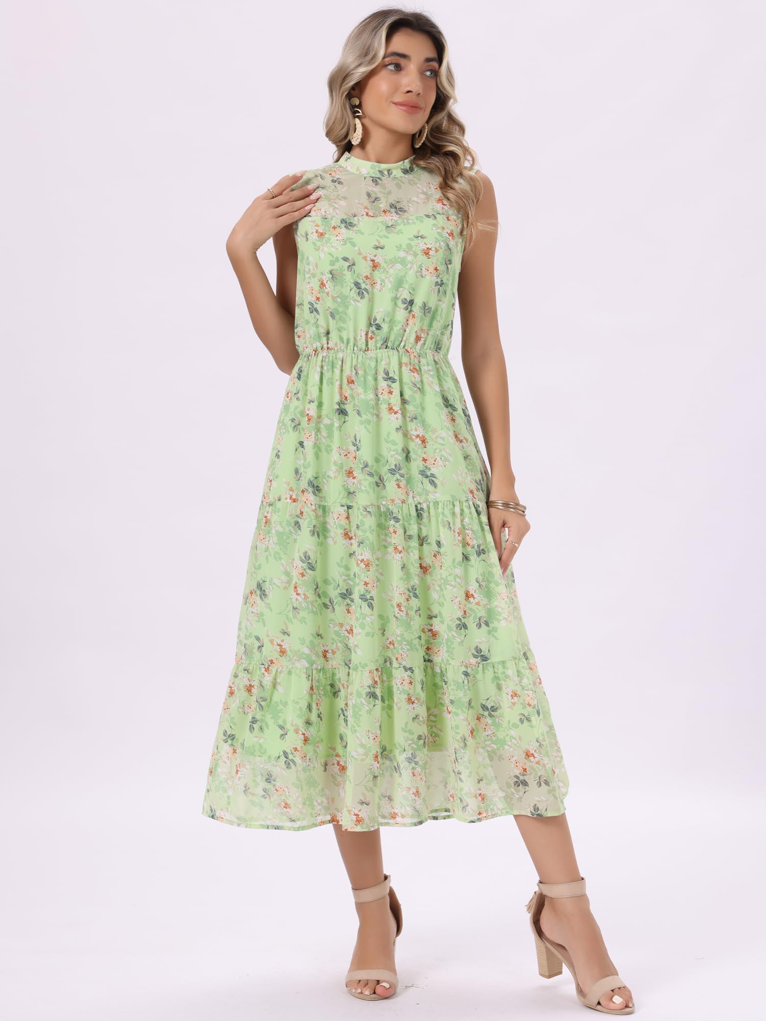 Seta T Abito estivo da donna in chiffon floreale, senza maniche, con collo alto, abito midi per feste di nozze