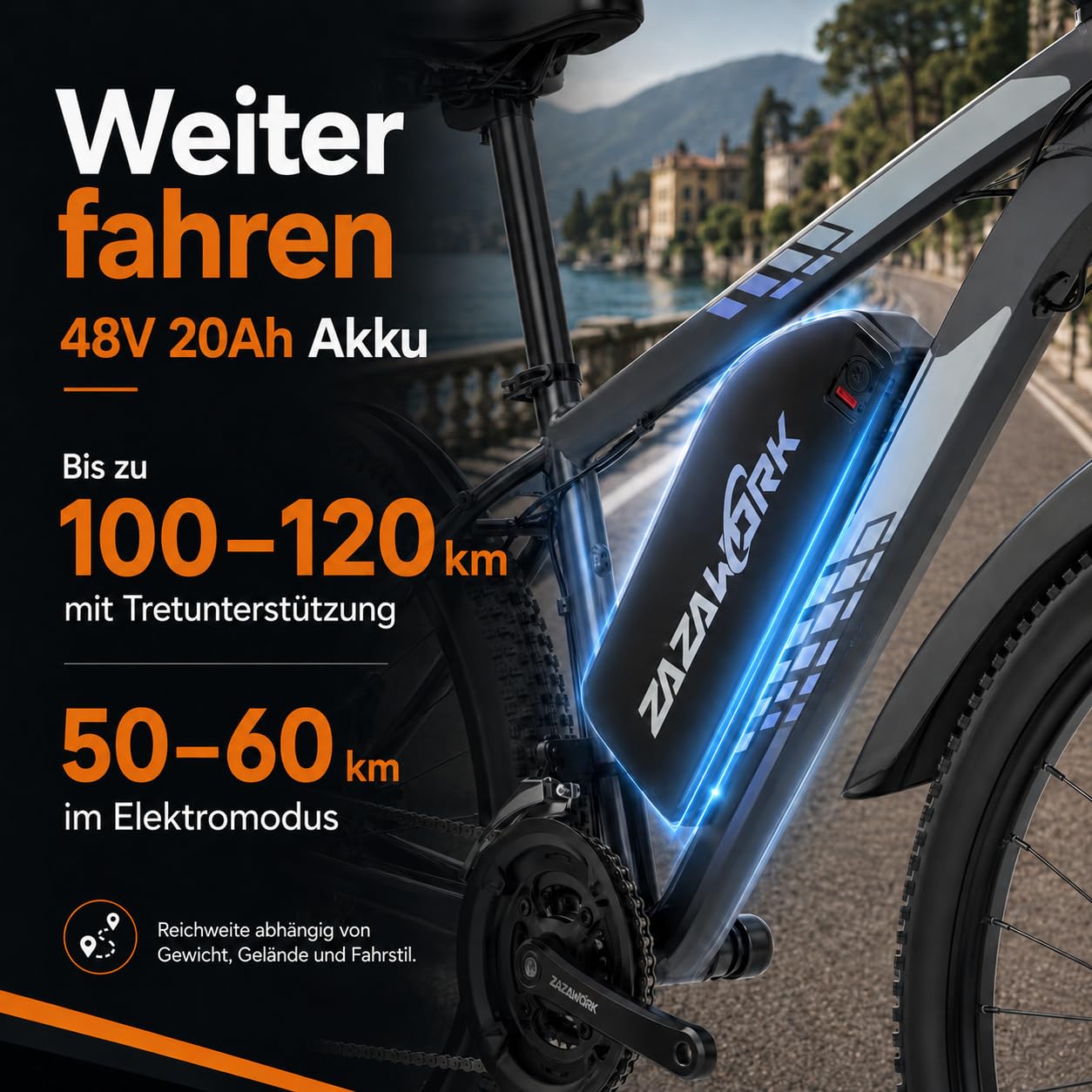 ZAZAWORK E Bike Mountainbike Herren 29 Zoll, Elektrofahrrad Pedelec 250W, 48V 20Ah Akku bis 120 km, Damen, mit 21-Gang-Schaltung, 63Nm, hydraulischen Scheibenbremsen, App, Offroad