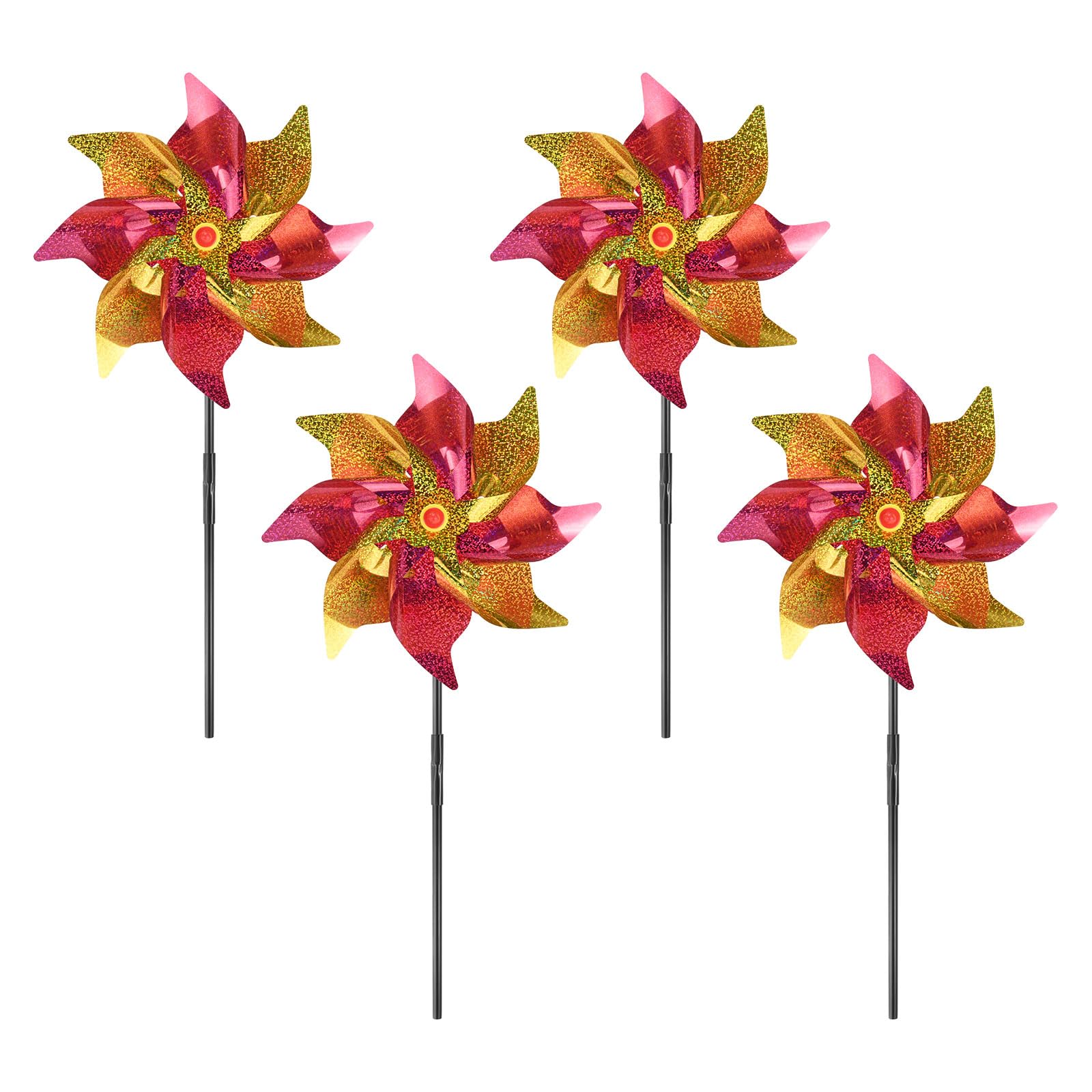 M METERXITY 4-Pack Flower Wind Spinner Sparkly Lawn Pinwheels, 20 Inch Plastic Reflective Pinwheels for Party Decorations/Yard/Garden, Colorful Rainbow Garden Windmill [Yellow, Rose Red]