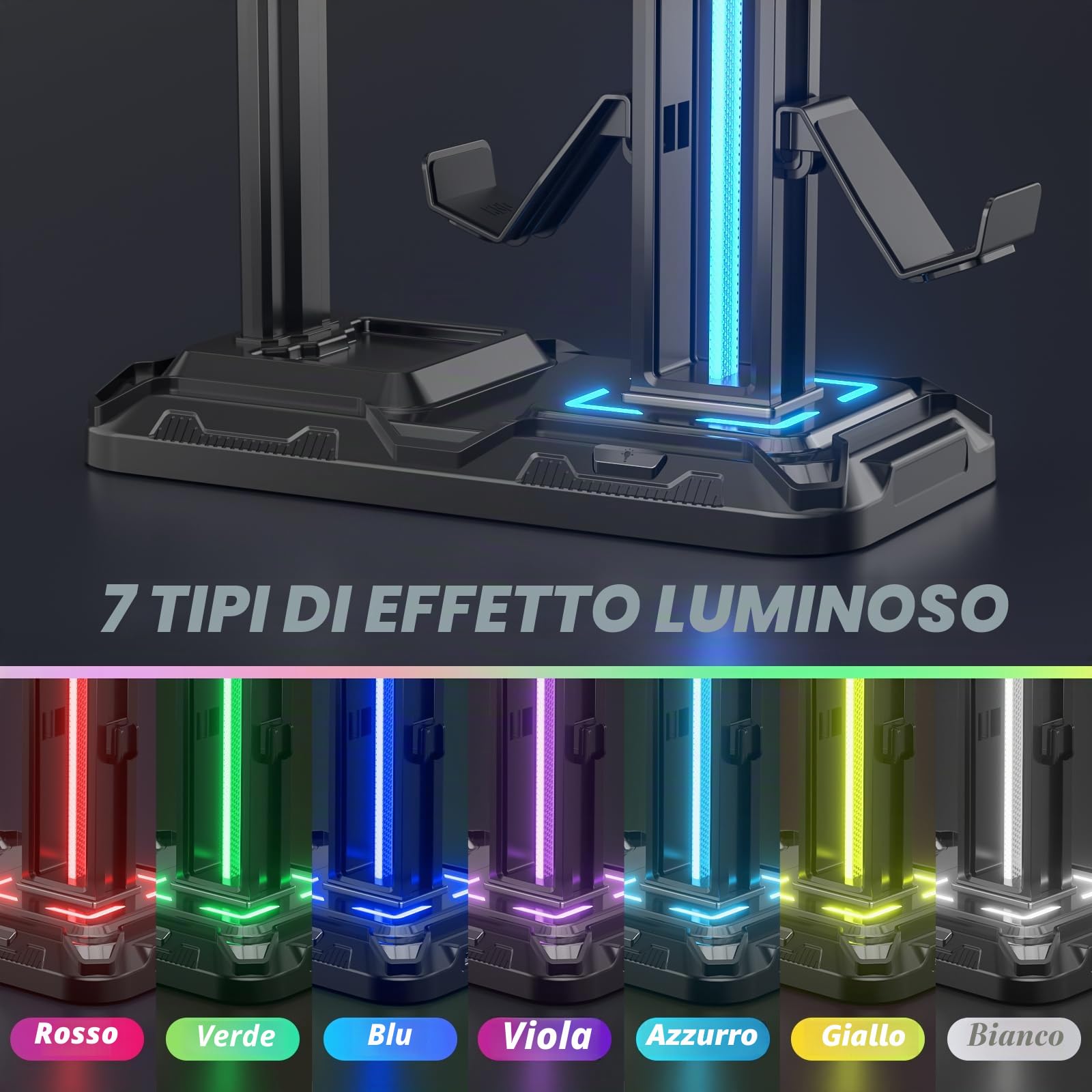 KDD Supporto Controller e Cuffie Gaming da Scrivania con 9 Modalità di Illuminazione e Gancio per Cuffie Ruotabile, Porta Controller con 6 Ganci Staccabili per PC Desktop Accessori Gaming Nero