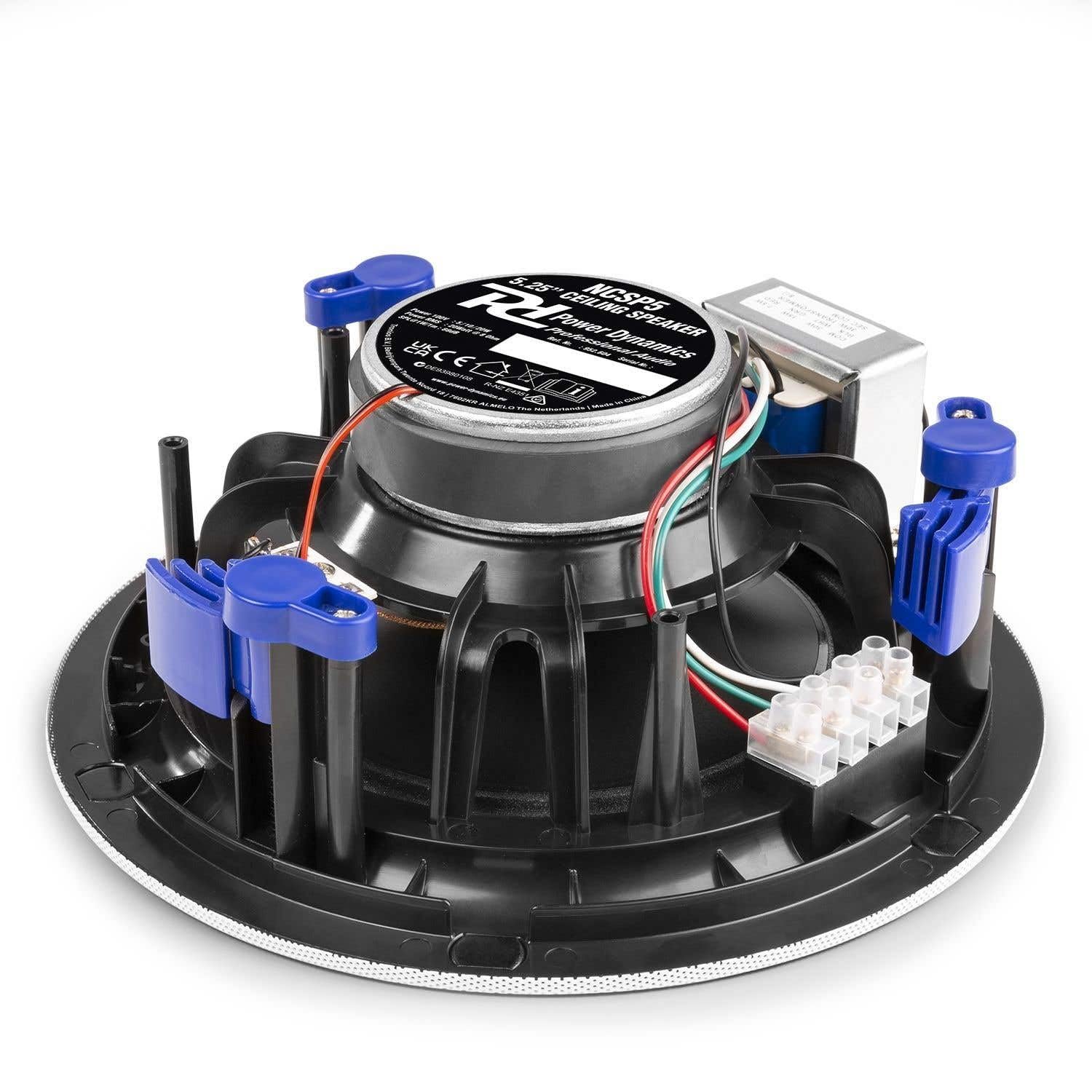 Power Dynamics NCSP5 Enceinte de Plafond 100V 5,25" 20 Watts - Blanc, 8 Ohms, Grille Métallique, Haut-Parleur avec Système de Fixation Rapide, Idéal pour Installation Public Address